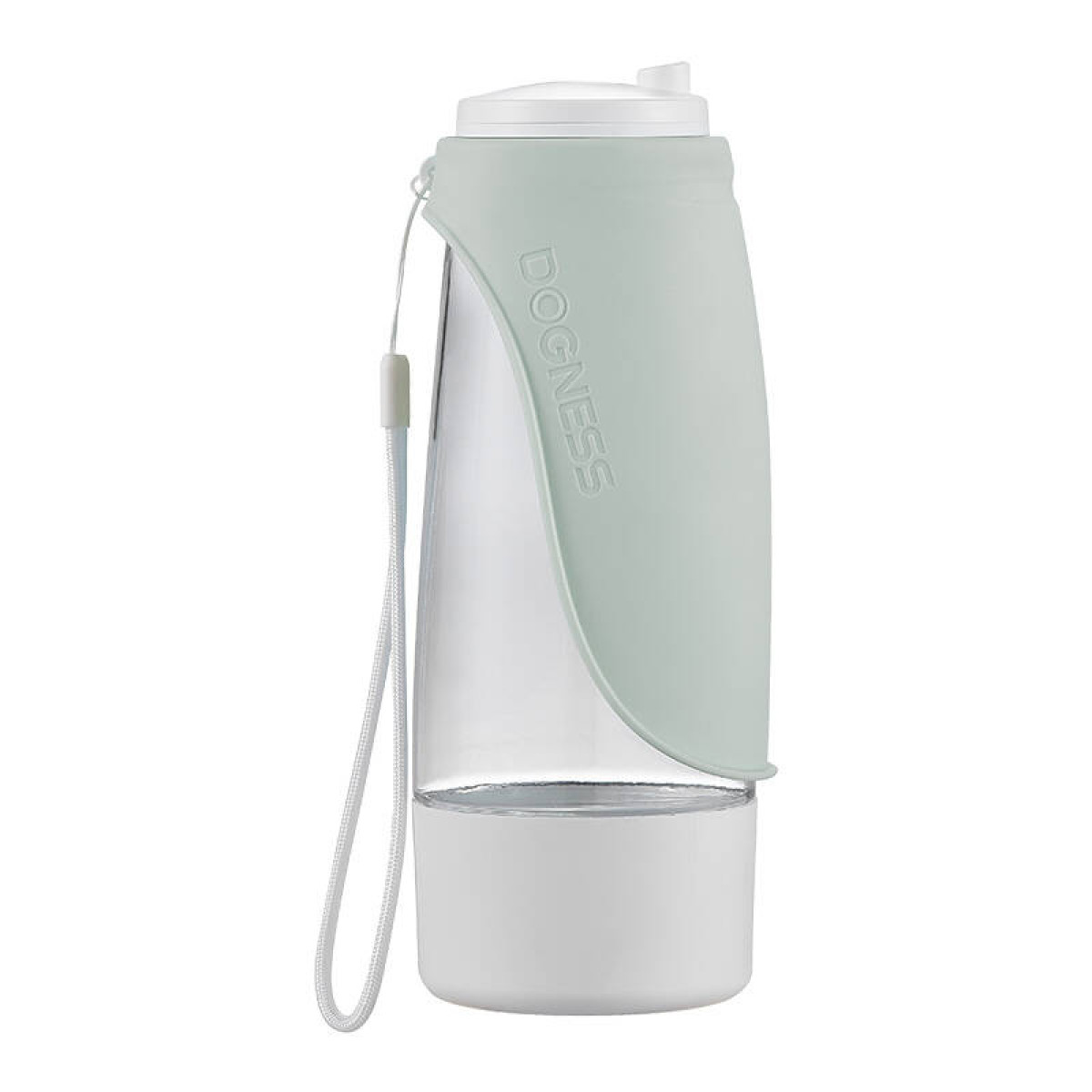 Una bottiglia d'acqua trasparente con una custodia verde chiaro e base bianca. Ha un coperchio bianco e un cinturino bianco. La parola Dogness è visibile.