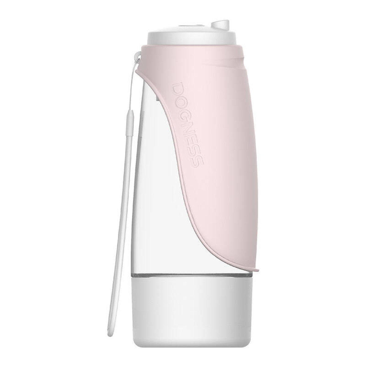 Una borraccia DOGNESS rosa e bianca. Ha una sezione trasparente per il livello dell'acqua e un cinturino bianco.