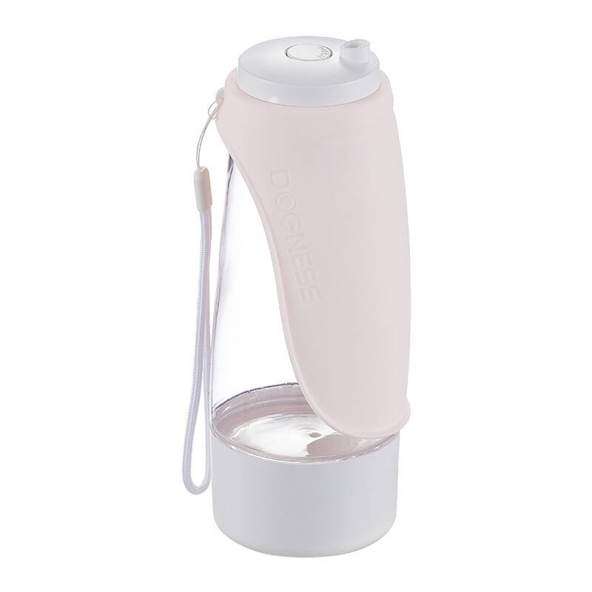 Una bottiglia d'acqua per cani, bianca e rosa. Ha un contenitore d'acqua trasparente, un coperchio rosa e un tappo bianco con beccuccio.