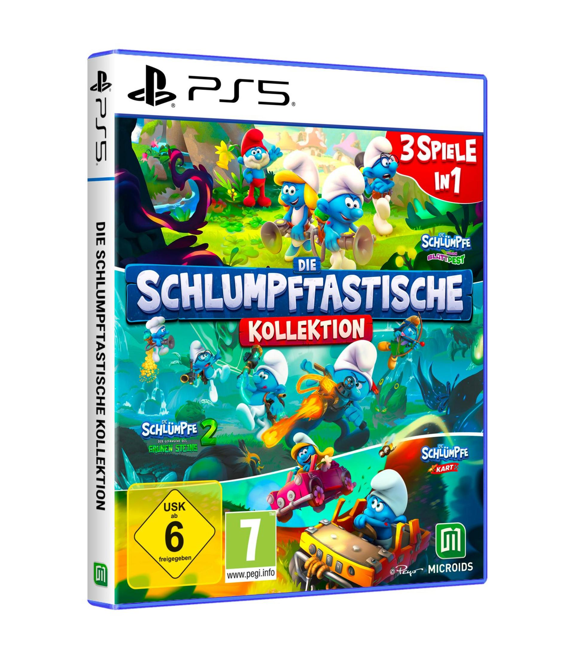Spielbox-Art für "Die Schlumpftastische Kollektion" auf PS5. Zeigt Schlümpfe in verschiedenen Szenen, mit farbenfrohen Grafiken und Text.
