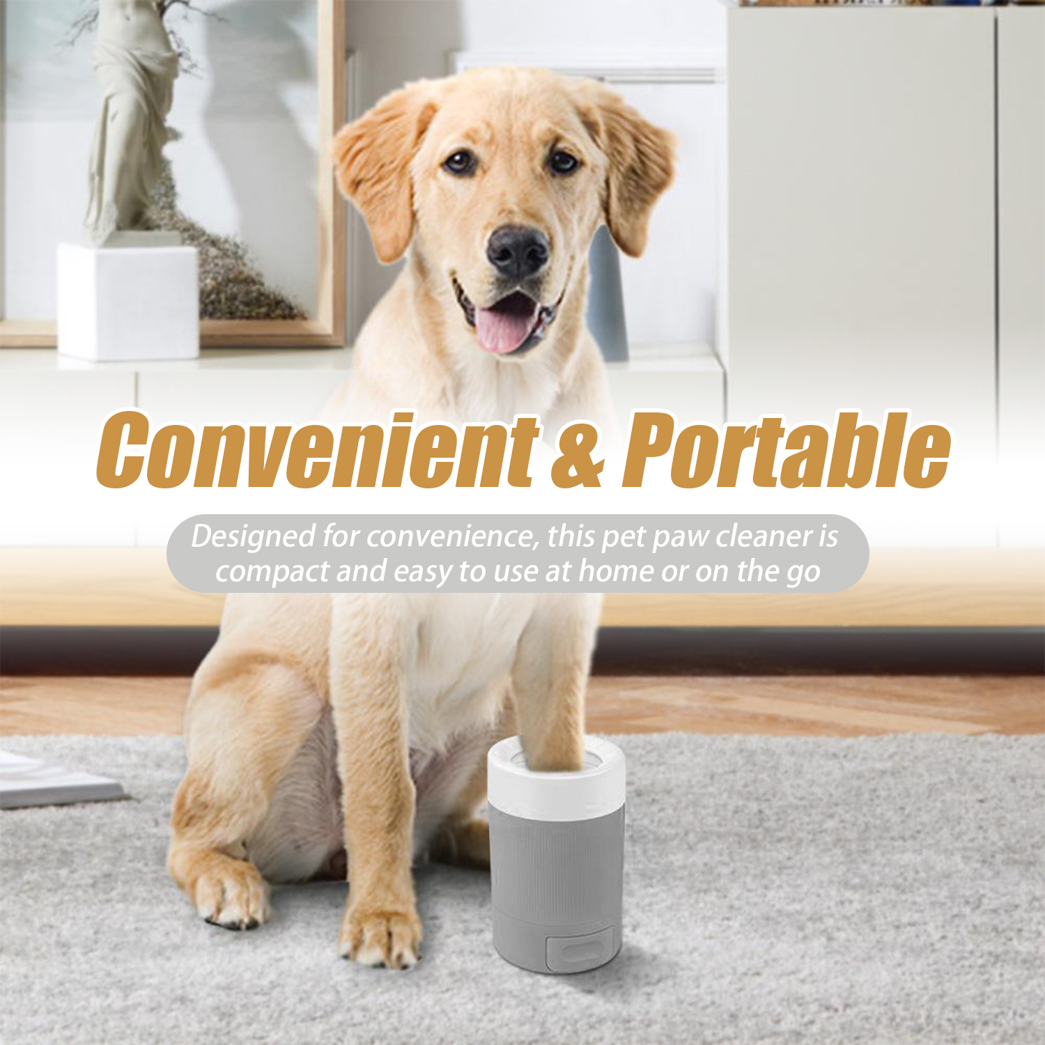 Un golden retriever está sentado cerca de un limpiador de patas gris sobre una alfombra. El texto dice 'Convenient & Portable'.