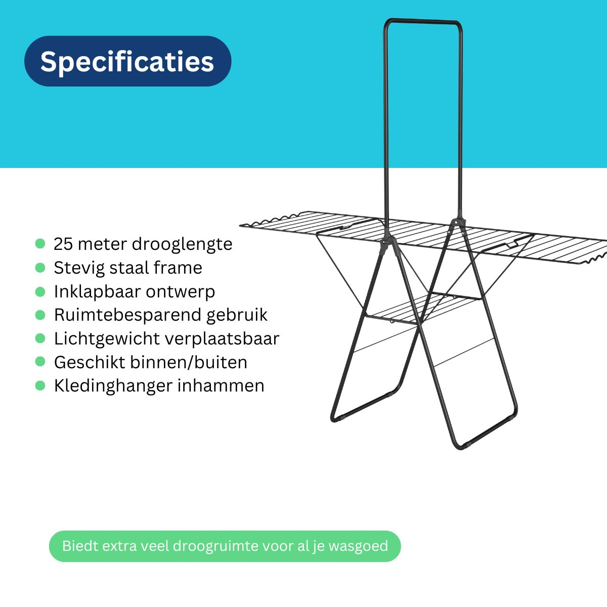 A black metal clothes drying rack is displayed. The rack features multiple drying levels and a top bar for hangers, on a teal background.