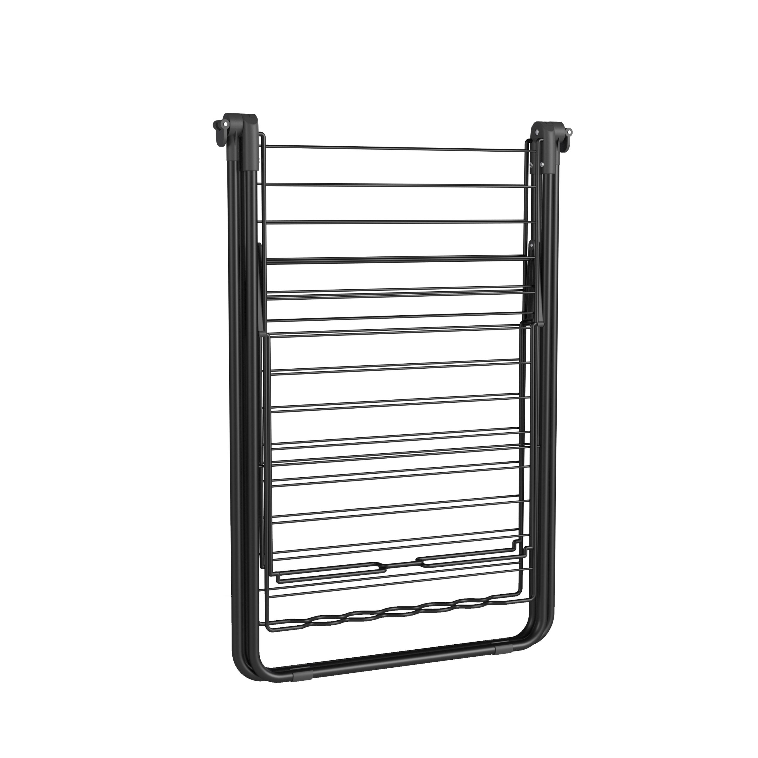 A black, foldable clothes drying rack stands against a white background. It is empty and has multiple horizontal bars.