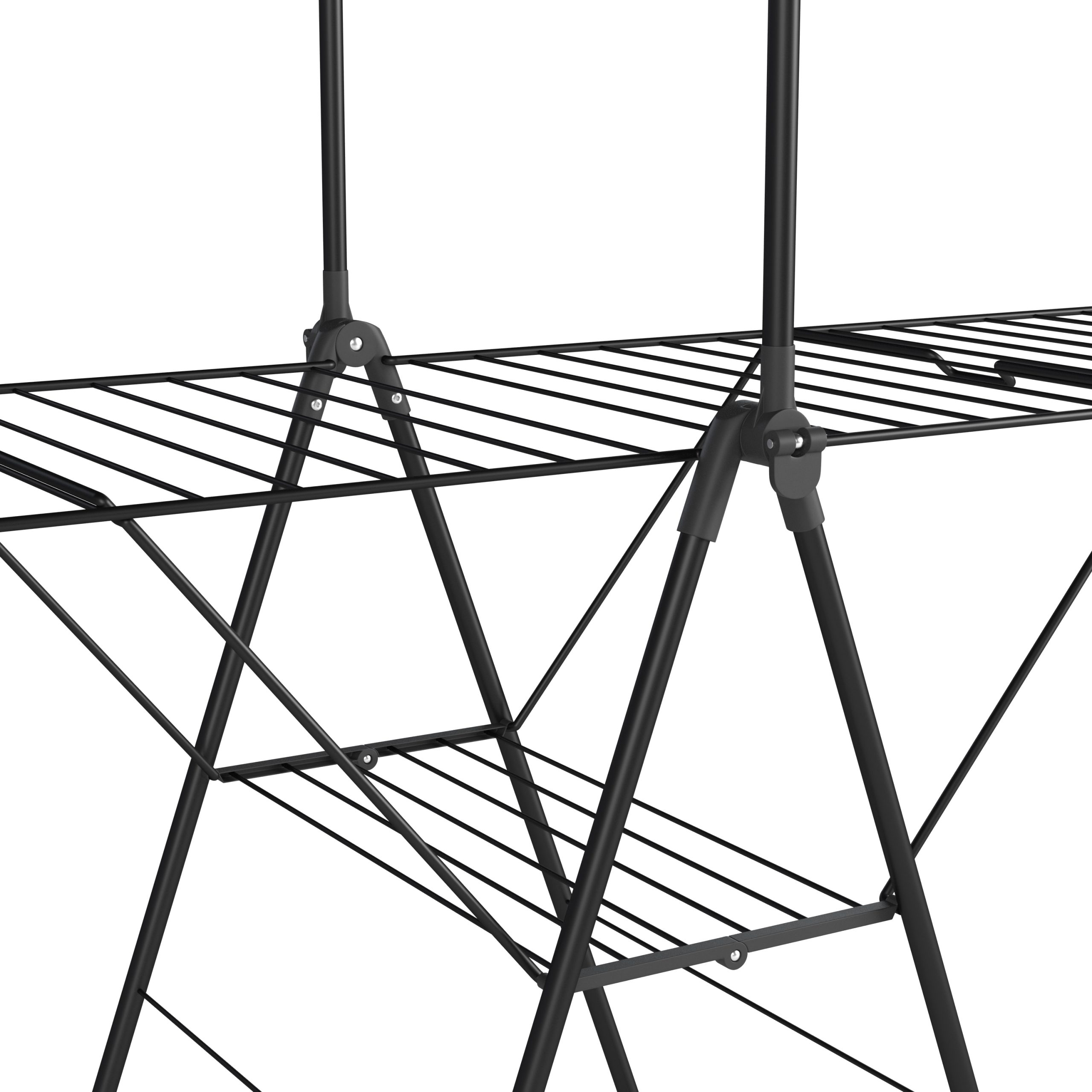 Black metal clothes drying rack. It has multiple levels and is against a white background.
