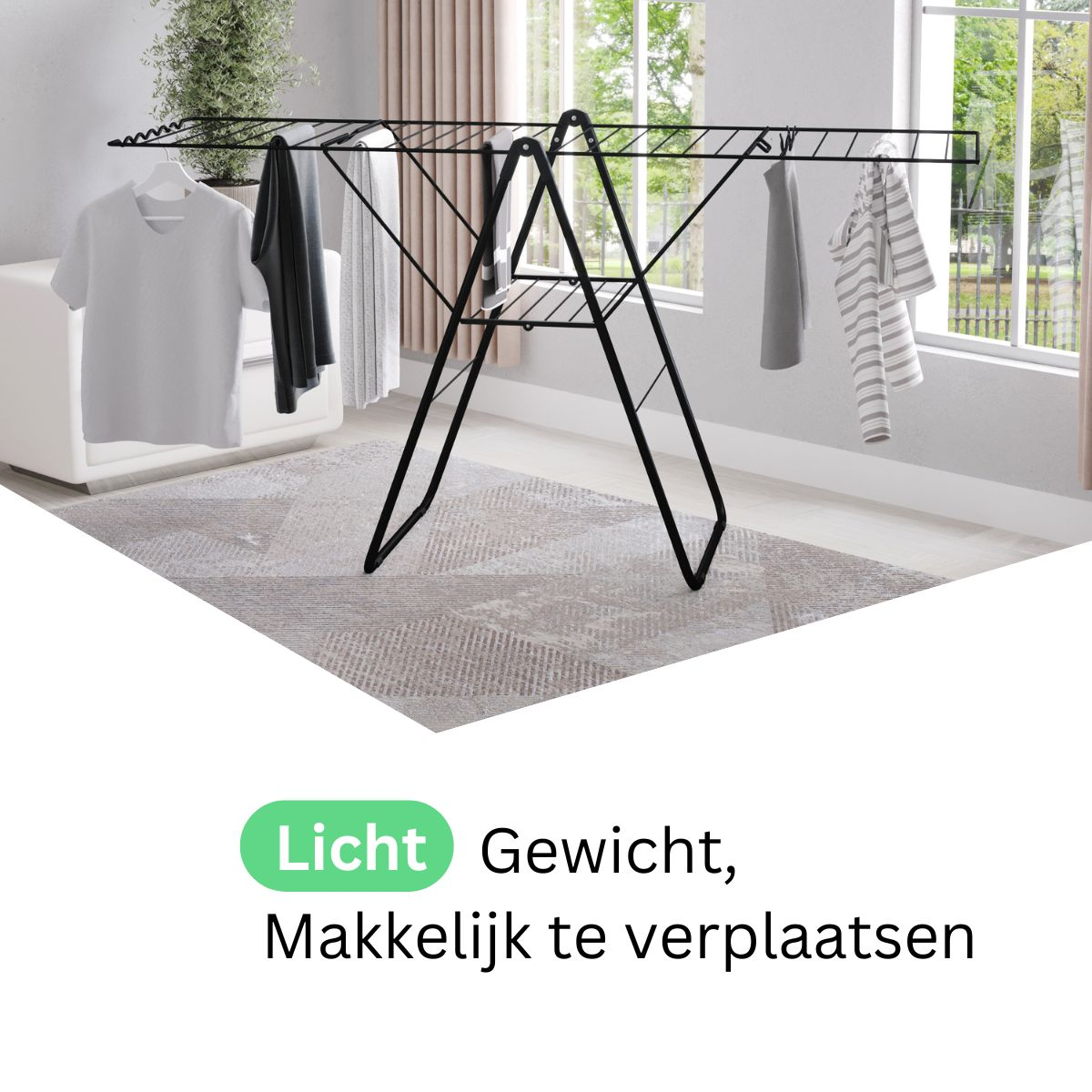 A black clothes drying rack with clothes hanging on it. A white cabinet, rug, and window are also present.