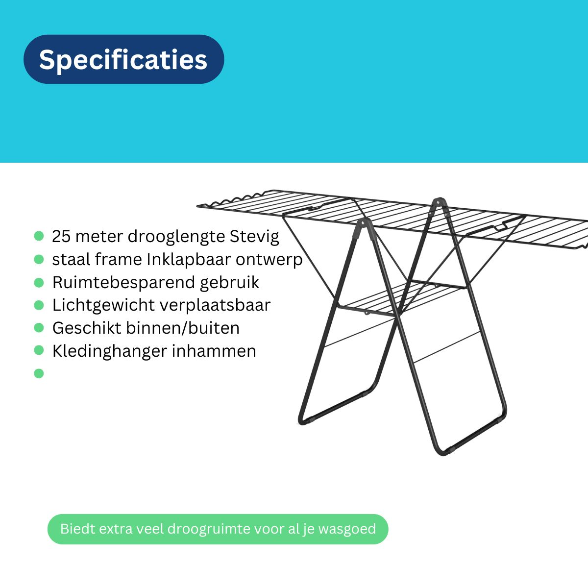 A black metal clothes drying rack is displayed against a teal and white background. Text describes its features, including 25m drying space.