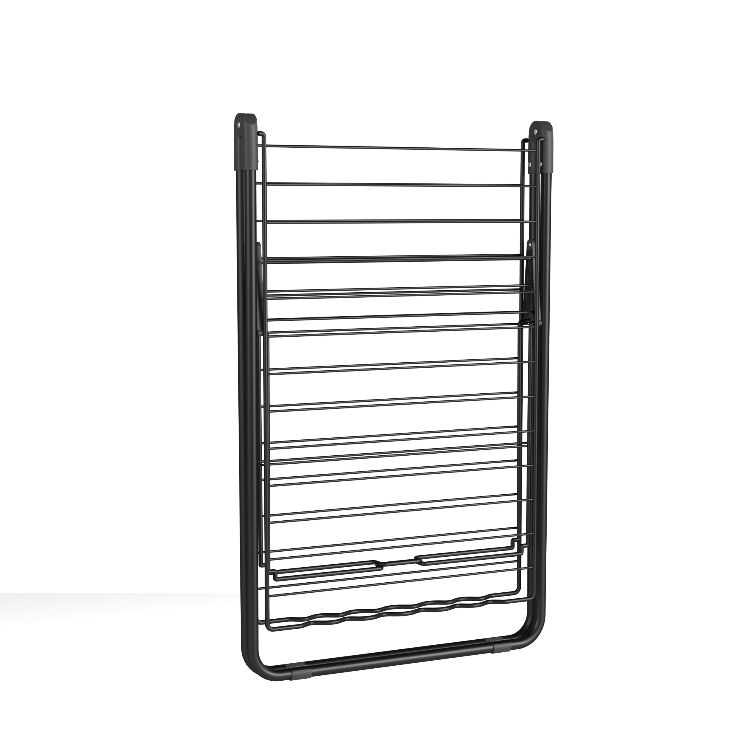 A black metal clothes drying rack is seen against a white background.