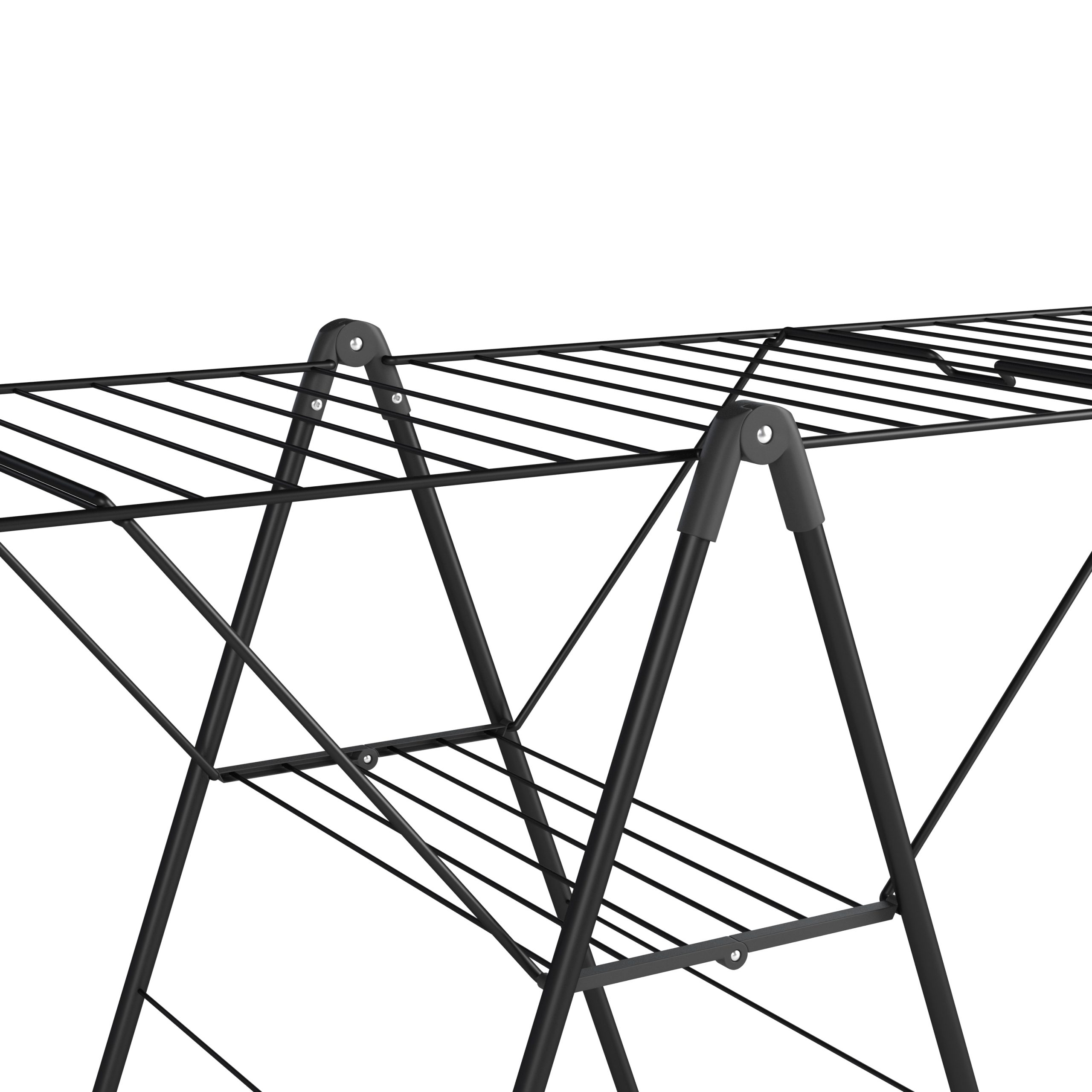 A black metal drying rack is isolated on a white background. It has multiple bars for hanging clothes.