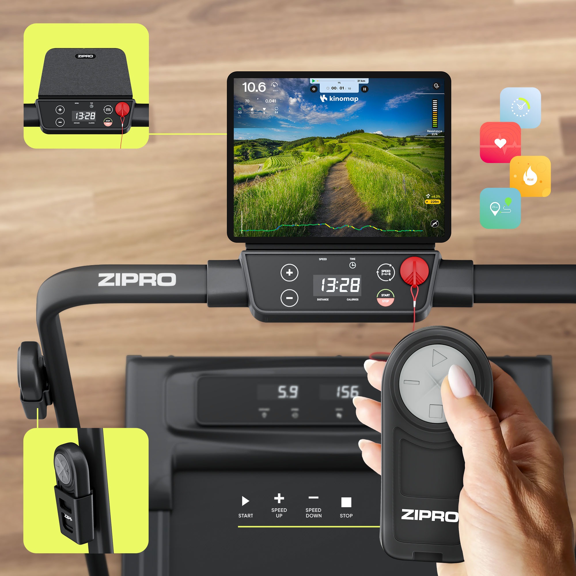 Laufband mit Bildschirm, der einen Pfad anzeigt. Eine Hand hält eine Fernbedienung. Tasten sind Start, Geschwindigkeitsregelung und Stopp.