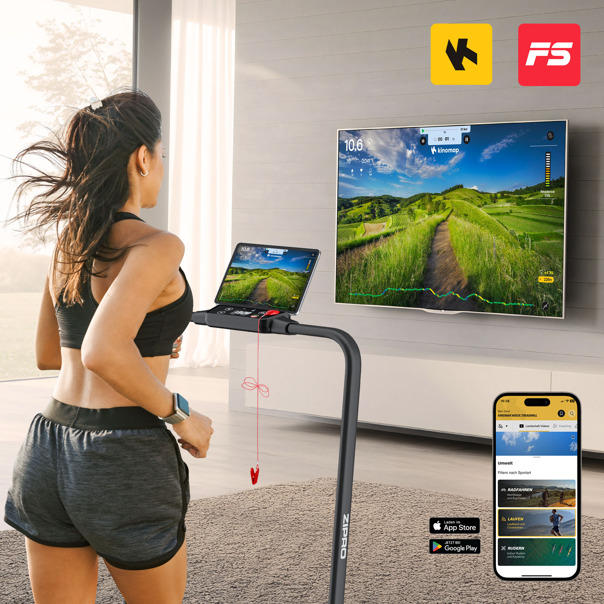 Frau rennt auf Laufband. Tablet und TV zeigen Landschaft. Telefon zeigt Fitness-App.