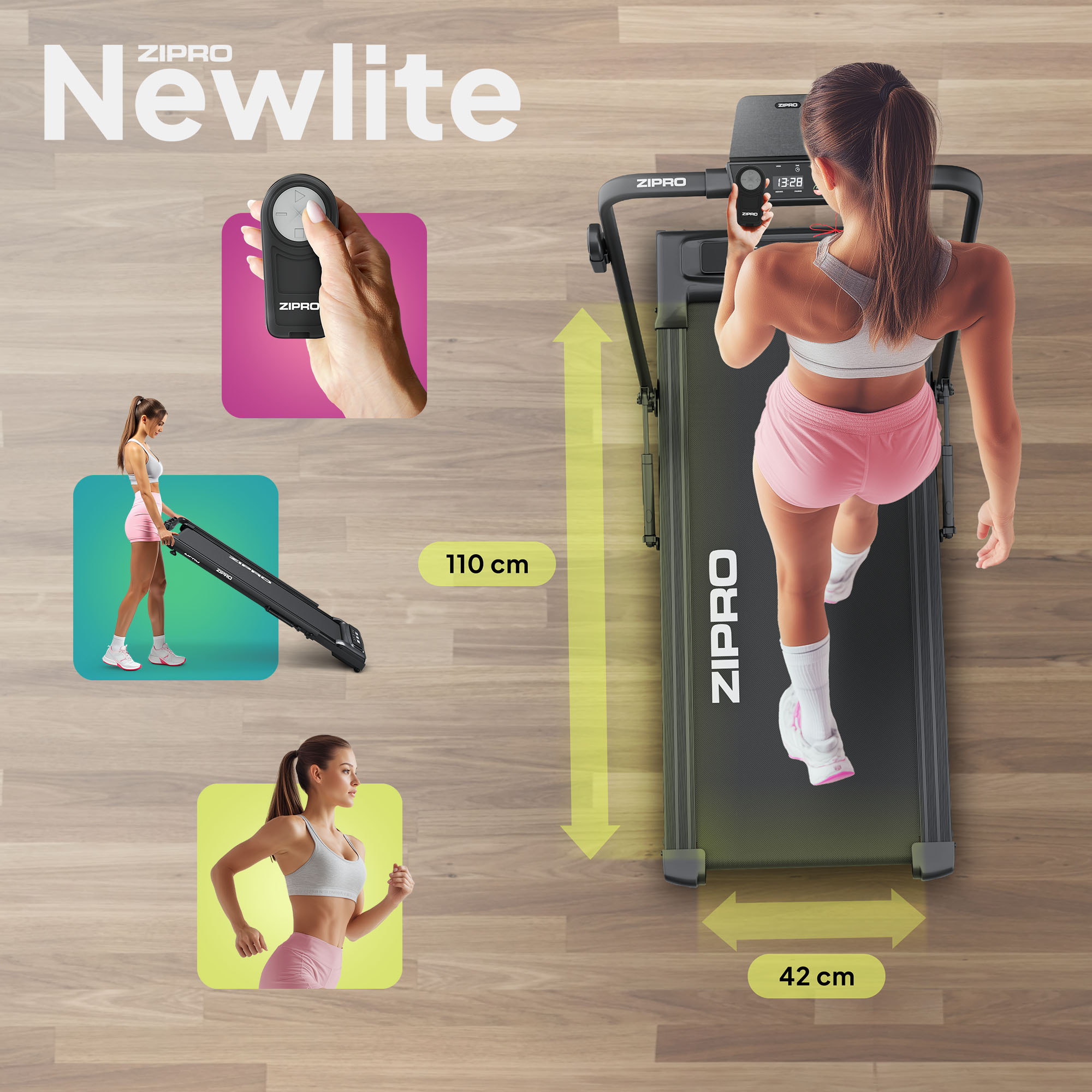 Eine Frau läuft auf einem Laufband. Das Bild enthält Produktaufnahmen des ZIPRO Newlite Laufbands und seiner Fernbedienung.