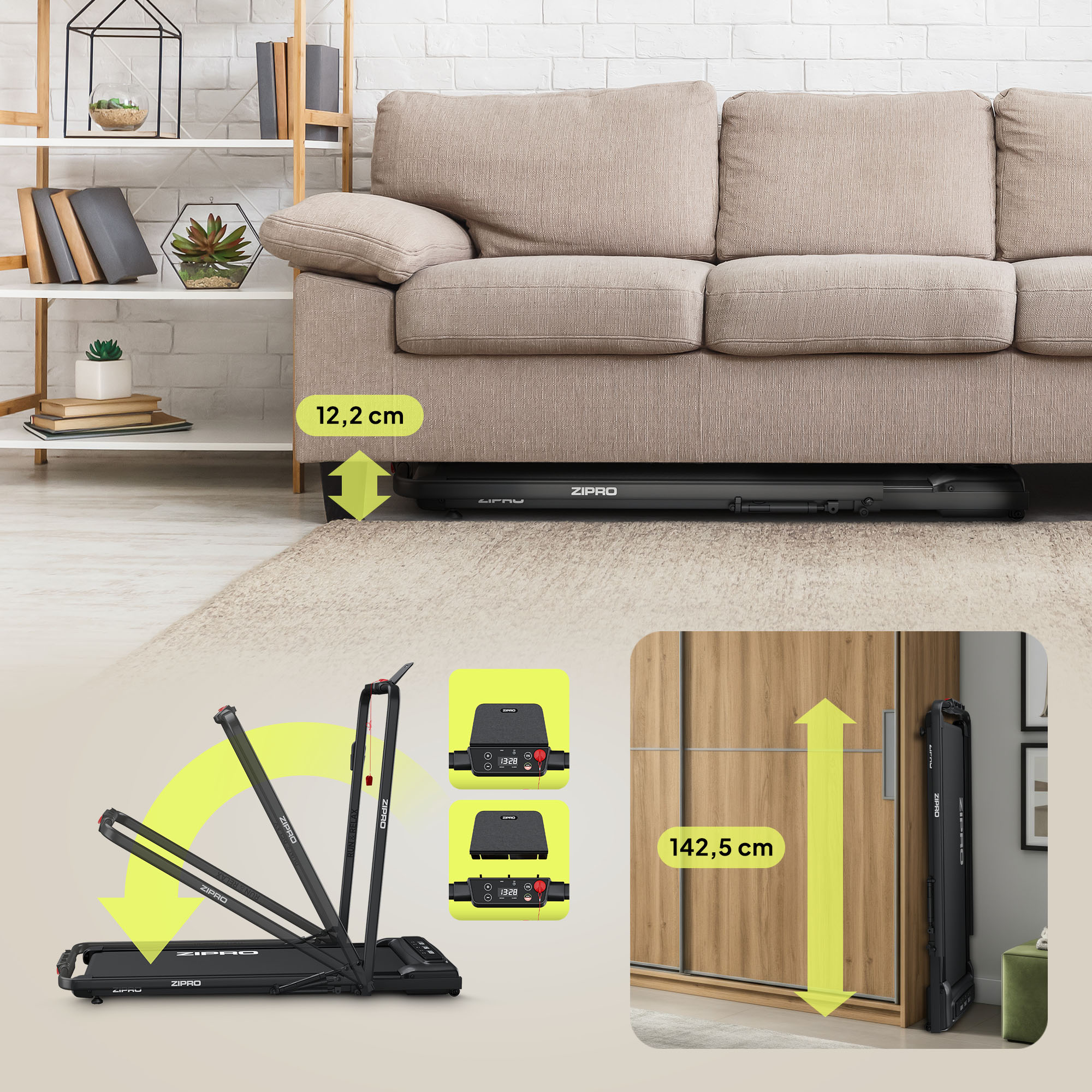 Ein schwarzes ZIPRO-Laufband wird gefaltet, entfaltet und verstaut gezeigt. Es steht neben einem Sofa und einem Schrank und zeigt seine kompakte Größe.