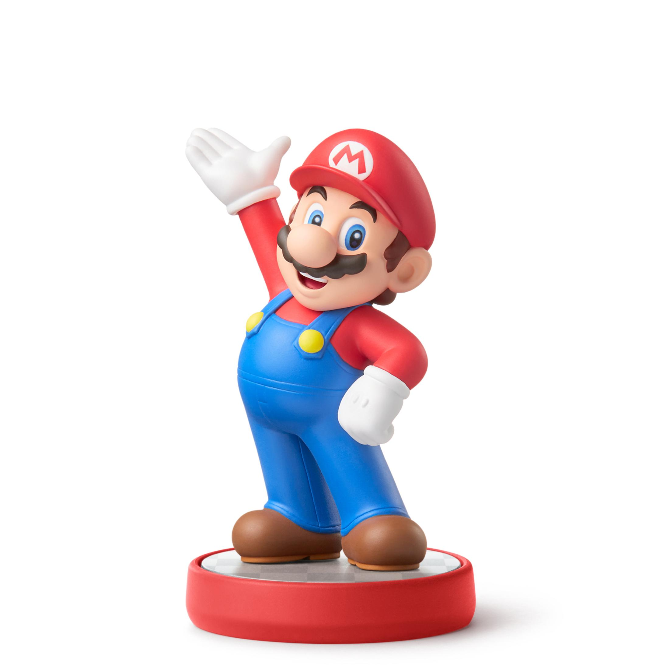 Une figurine de Mario avec une casquette rouge et une salopette, saluant. Elle est sur une base rouge.