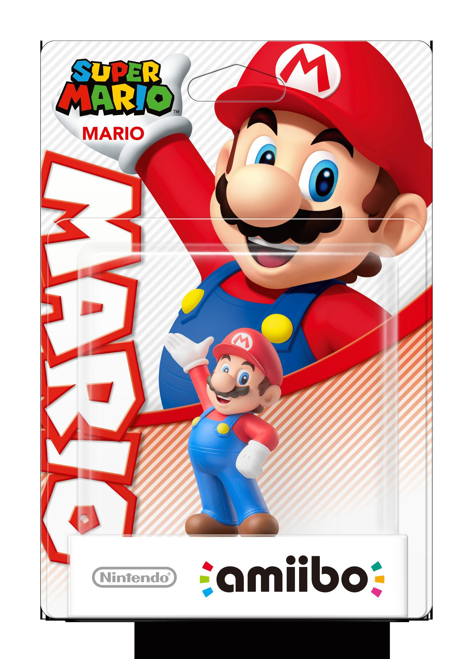 Une figurine Super Mario Amiibo dans son emballage. Mario porte un chapeau rouge, une salopette bleue et a une moustache. Le fond a des rayures.