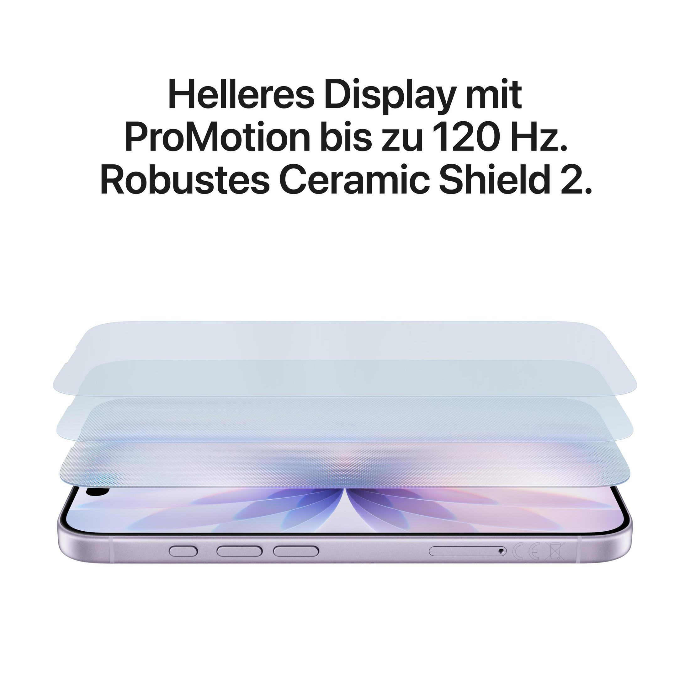 Telefon z warstwową osłoną ekranu. Tekst: Jaśniejszy wyświetlacz z ProMotion do 120 Hz. Wytrzymały Ceramic Shield 2.