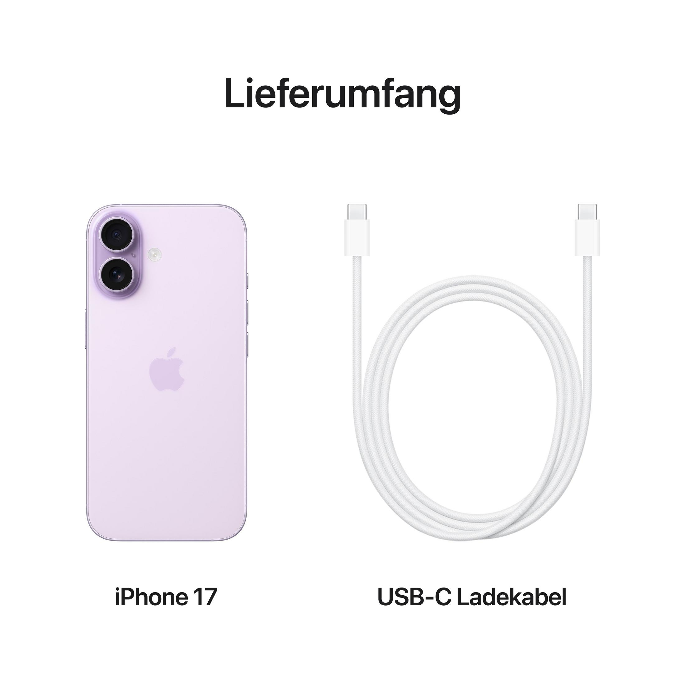 Obraz przedstawia fioletowy iPhone 17, biały kabel ładujący USB-C i tekst 'Lieferumfang'.