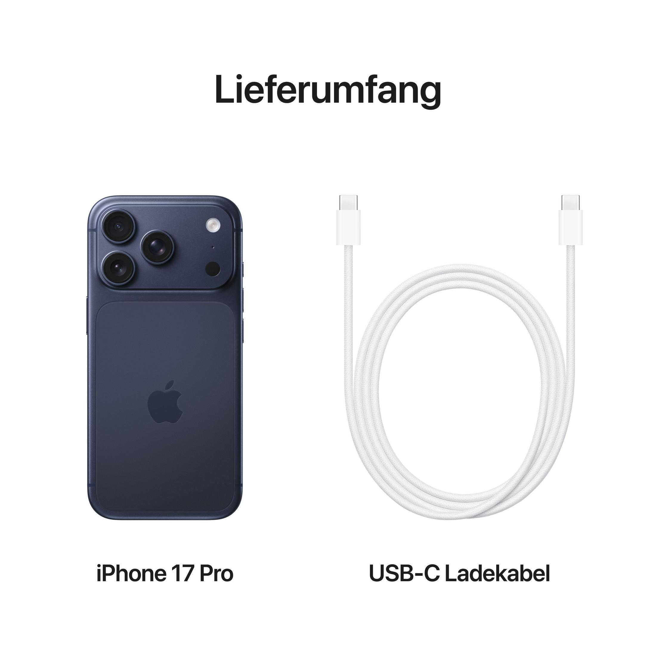 iPhone 17 Pro i biały kabel ładujący USB-C na białym tle. Telefon jest ciemnoniebieski.