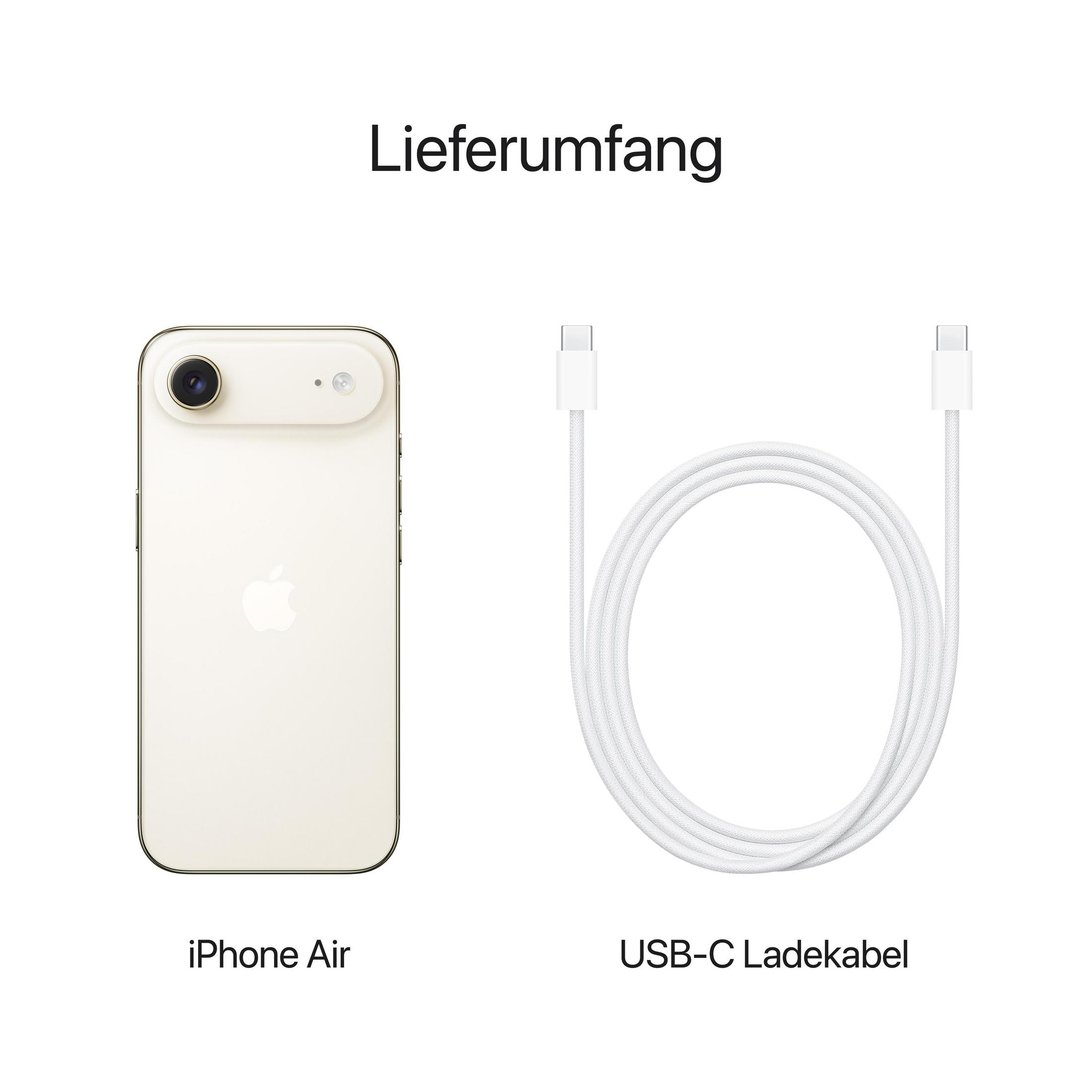 Obraz przedstawia iPhone'a Air i kabel ładujący USB-C. Oba są białe, na białym tle. Obecny jest również tekst niemiecki.