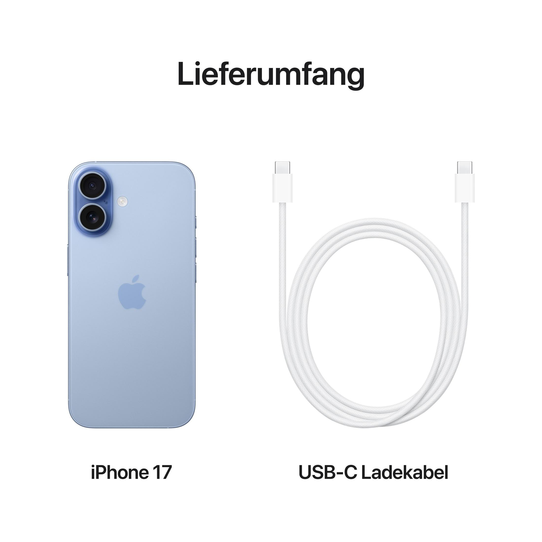 Obraz przedstawia niebieski iPhone 17 i biały kabel ładujący USB-C na białym tle. U góry napis: 'Lieferumfang'.