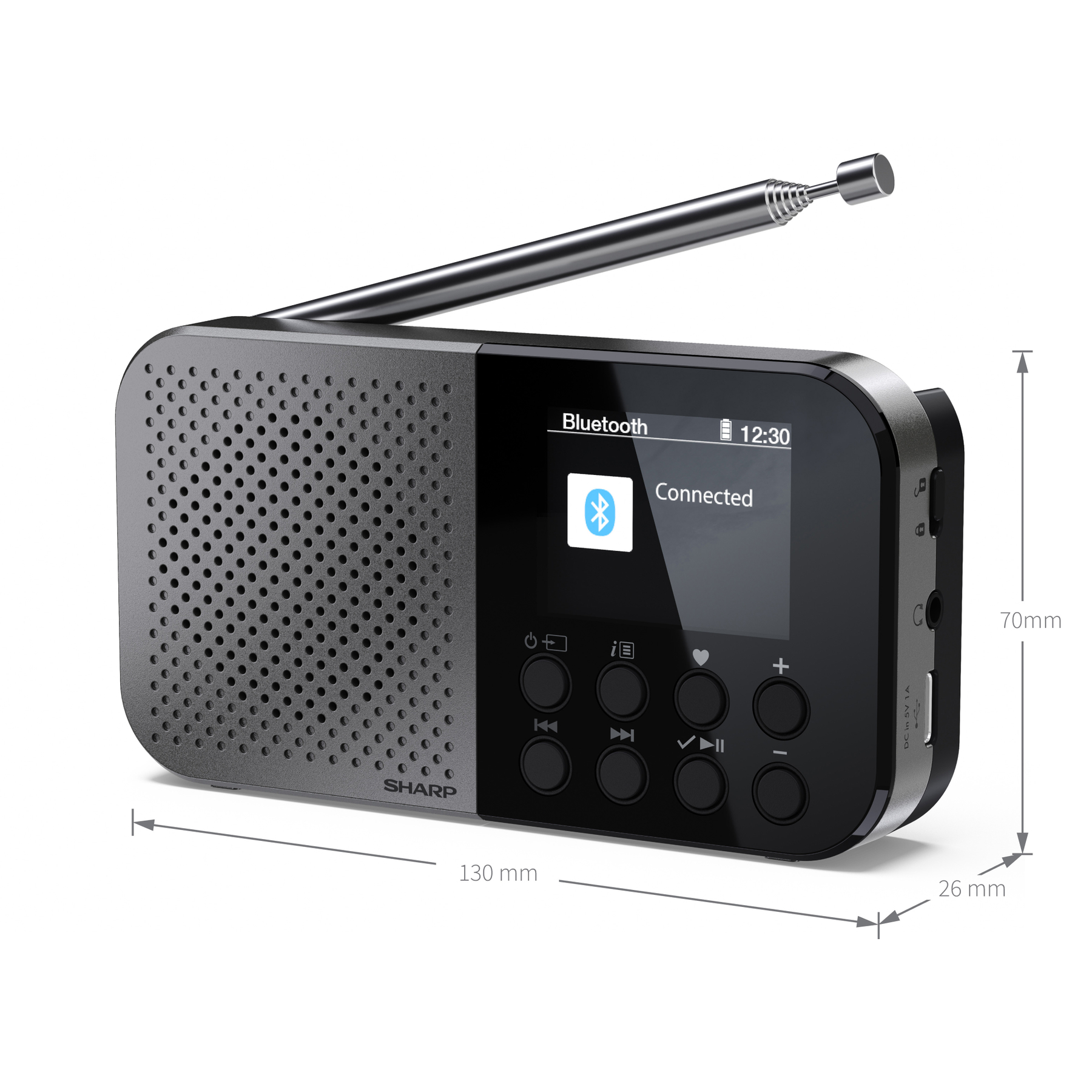 Een zwart-grijze Sharp radio met een digitaal display dat Bluetooth connected toont. Het heeft een uitschuifbare antenne. Afmetingen worden getoond.