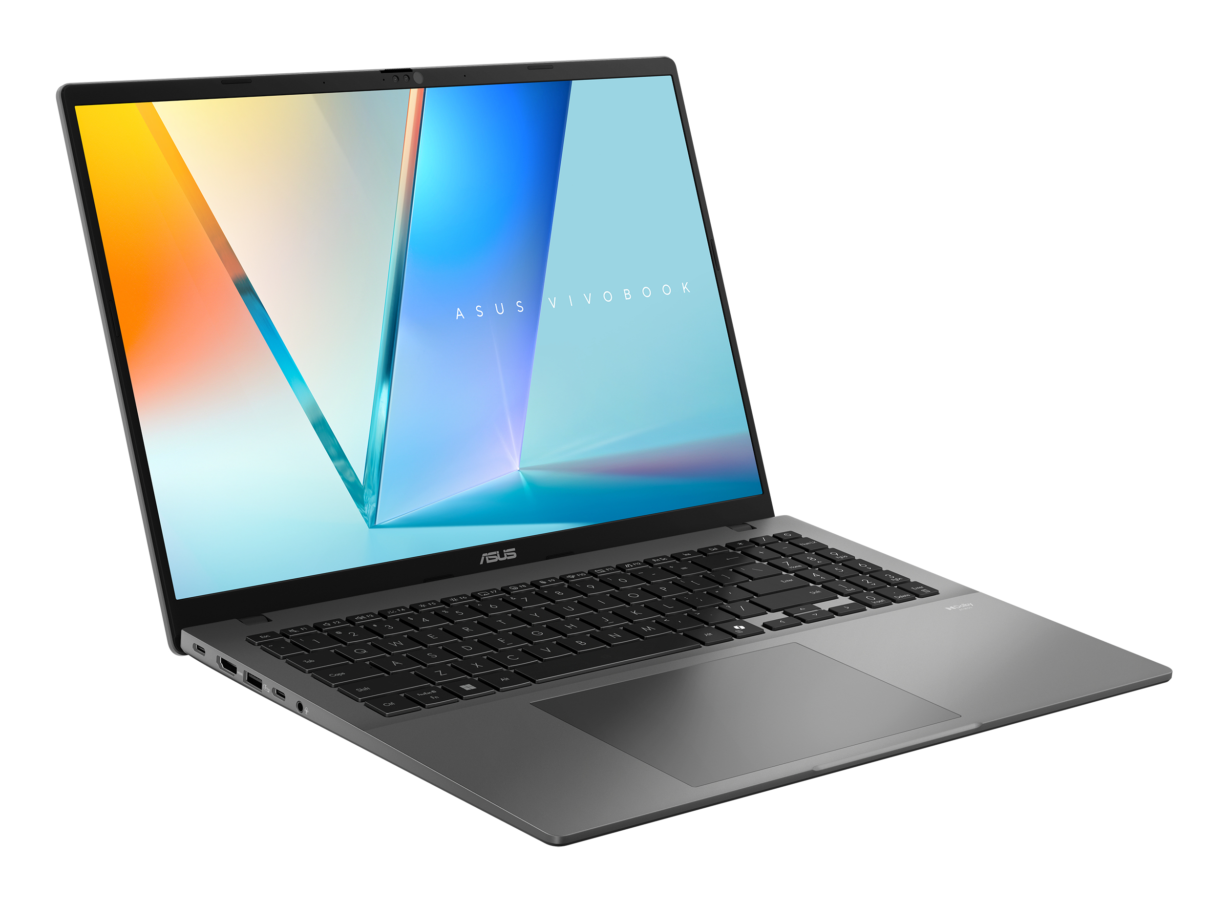 Un laptop ASUS Vivobook argentato è aperto su una superficie bianca. Lo schermo mostra uno sfondo astratto colorato.