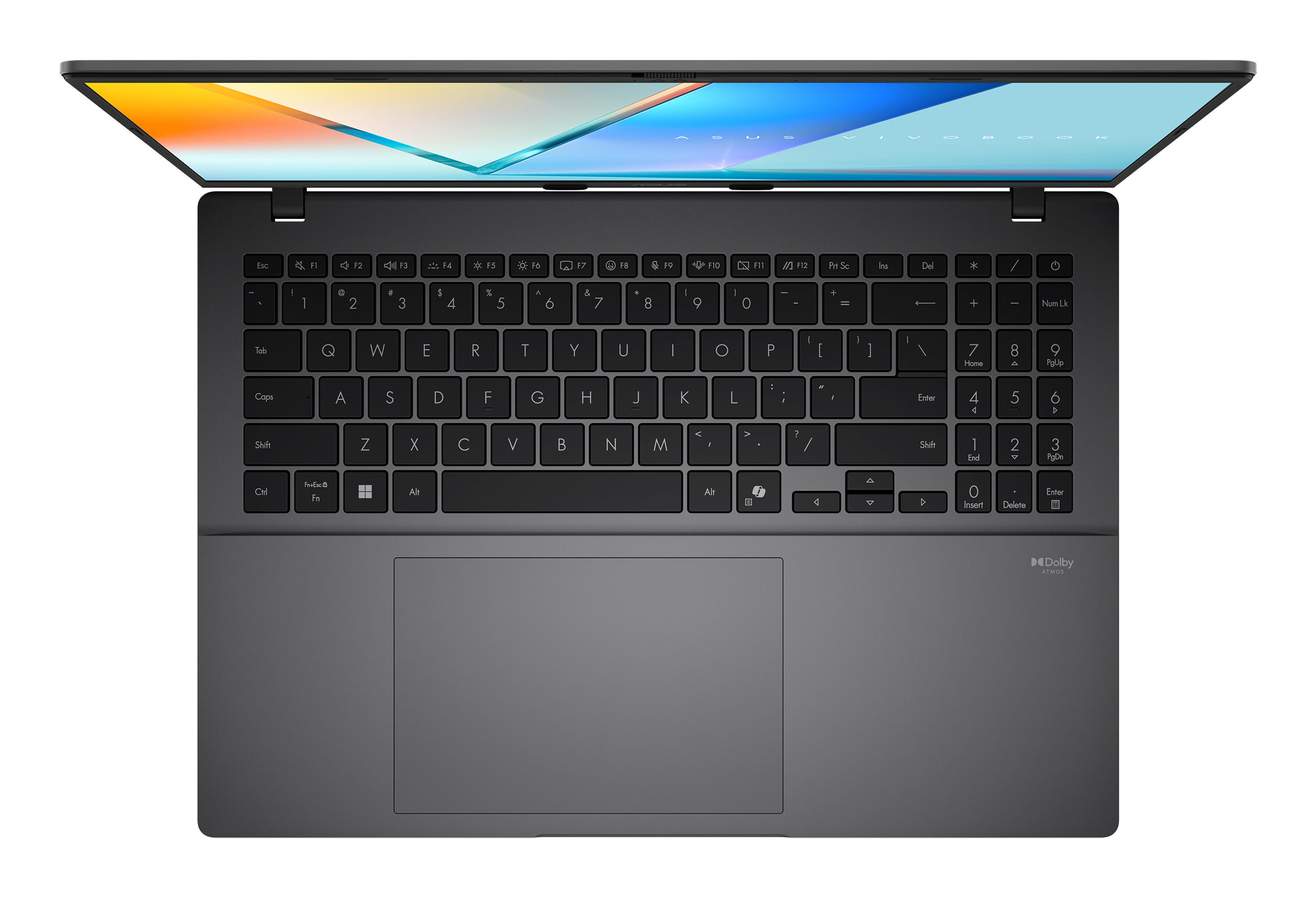 Un laptop grigio con lo schermo aperto. La tastiera è visibile e lo schermo mostra un'immagine colorata.