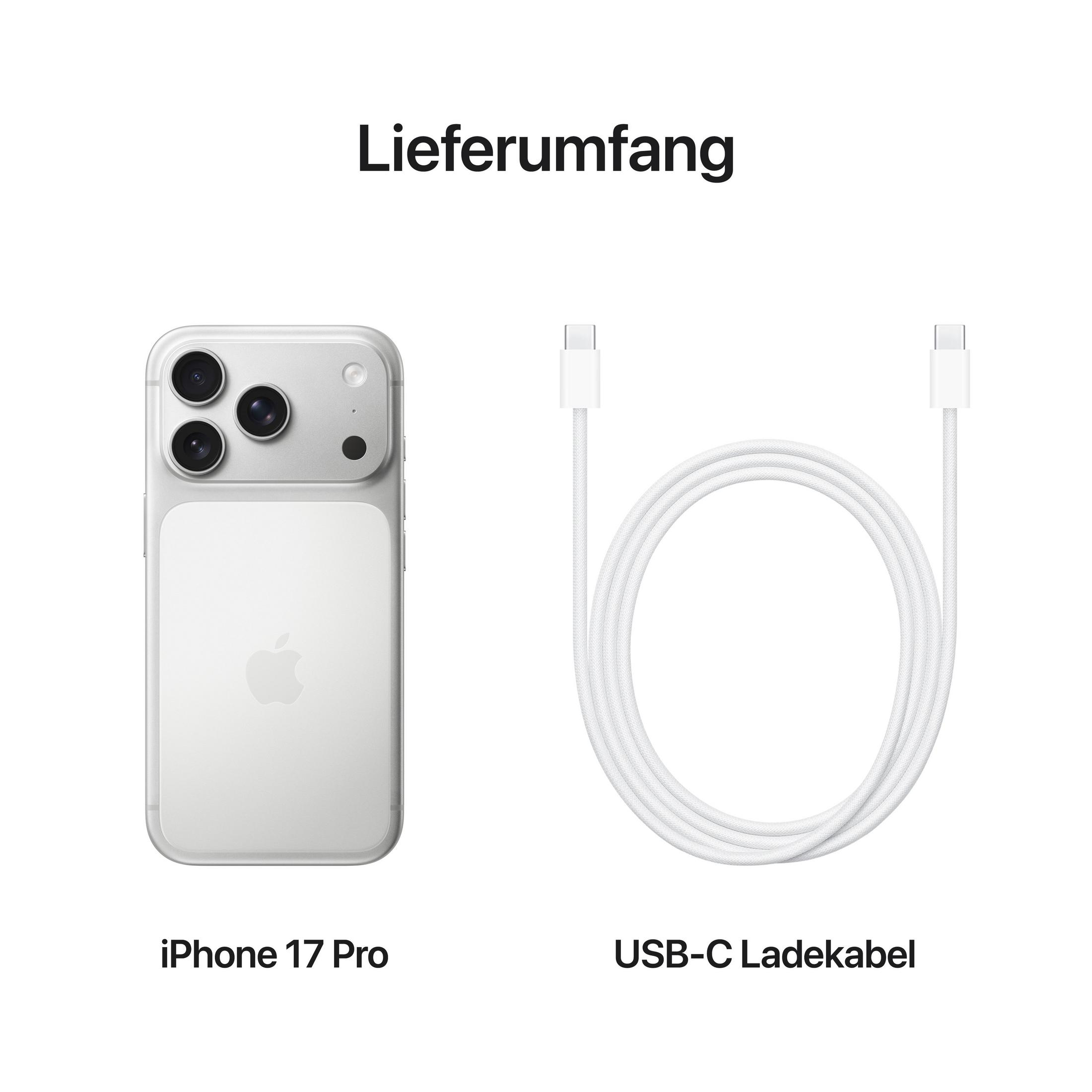 Obraz przedstawia iPhone'a 17 Pro i biały kabel do ładowania USB-C. Telefon jest srebrny i ma trzy obiektywy.