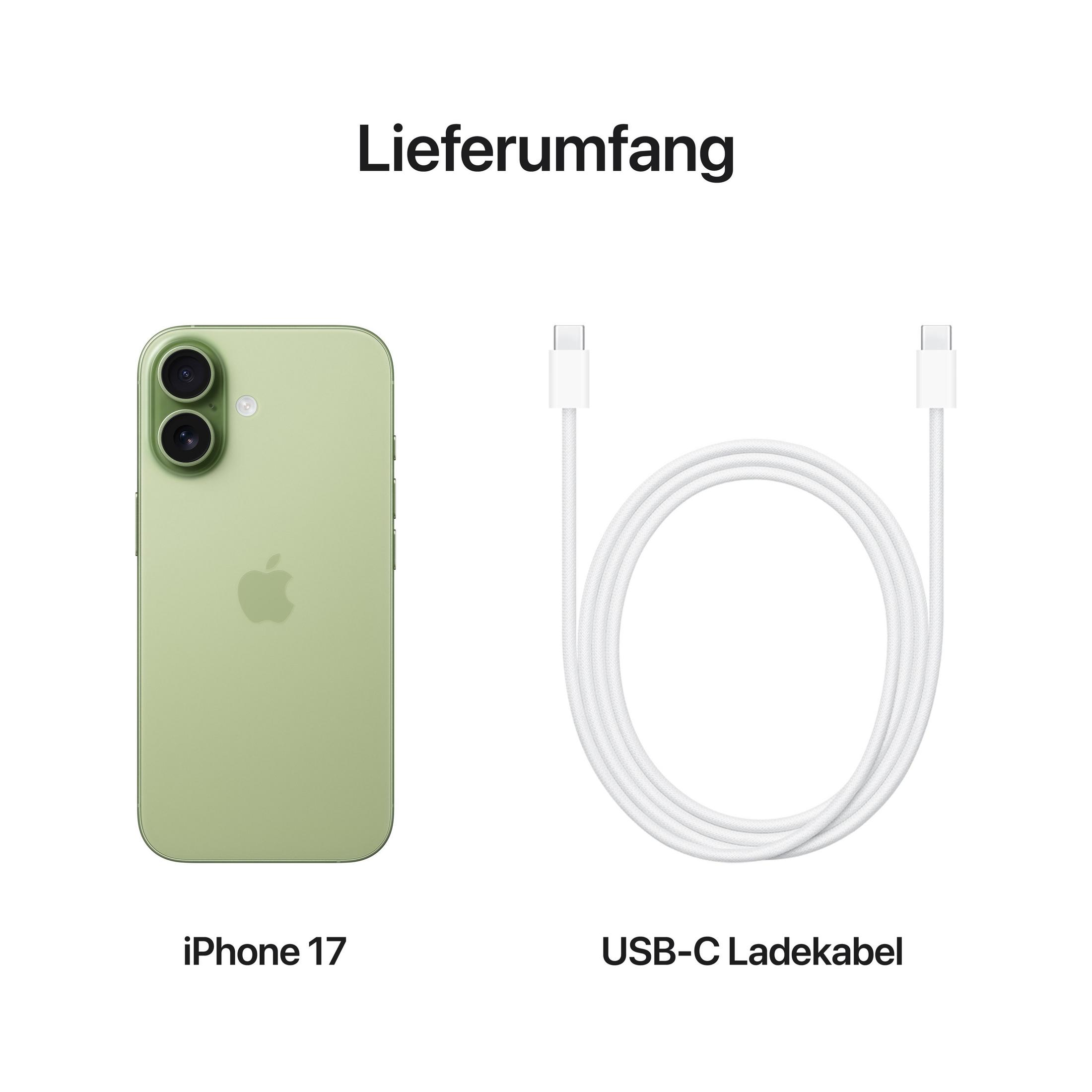 Zielony iPhone 17 i biały kabel ładujący USB-C na białym tle. Niemiecki tekst: Lieferumfang.