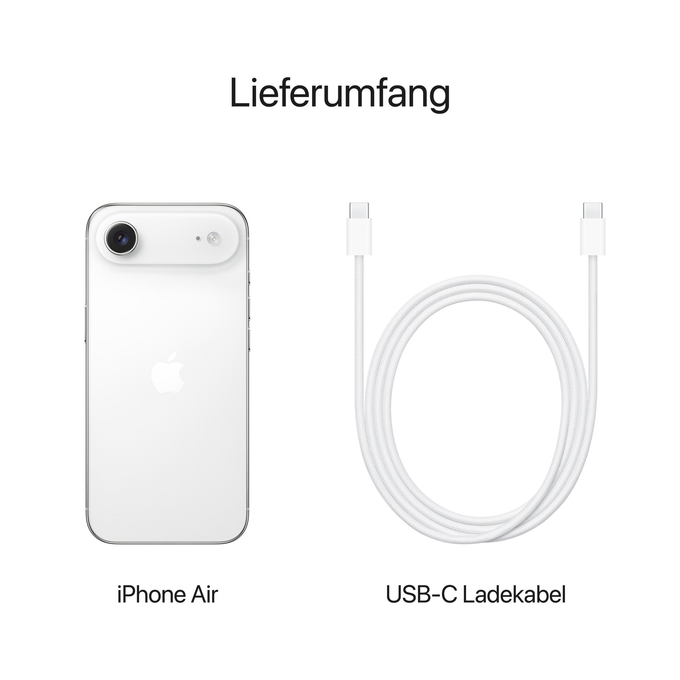 Biały iPhone Air obok białego kabla ładującego USB-C na białym tle. U góry napis 'Lieferumfang'.