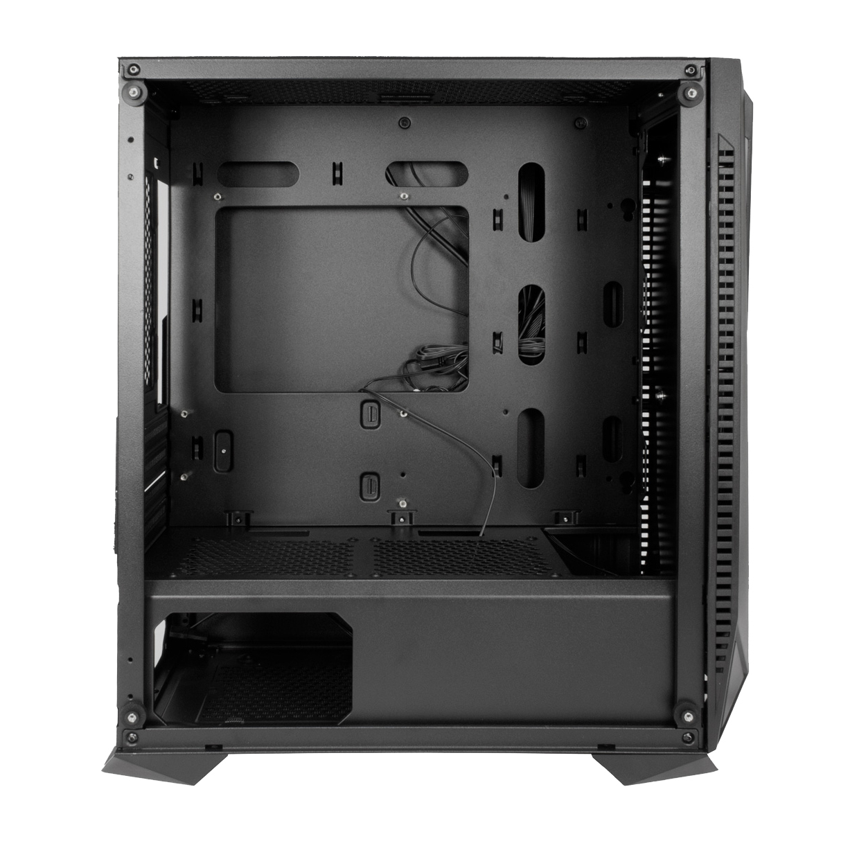 Interno vuoto di un case per computer nero, che mostra il telaio aperto, vari punti di montaggio e gestione dei cavi.