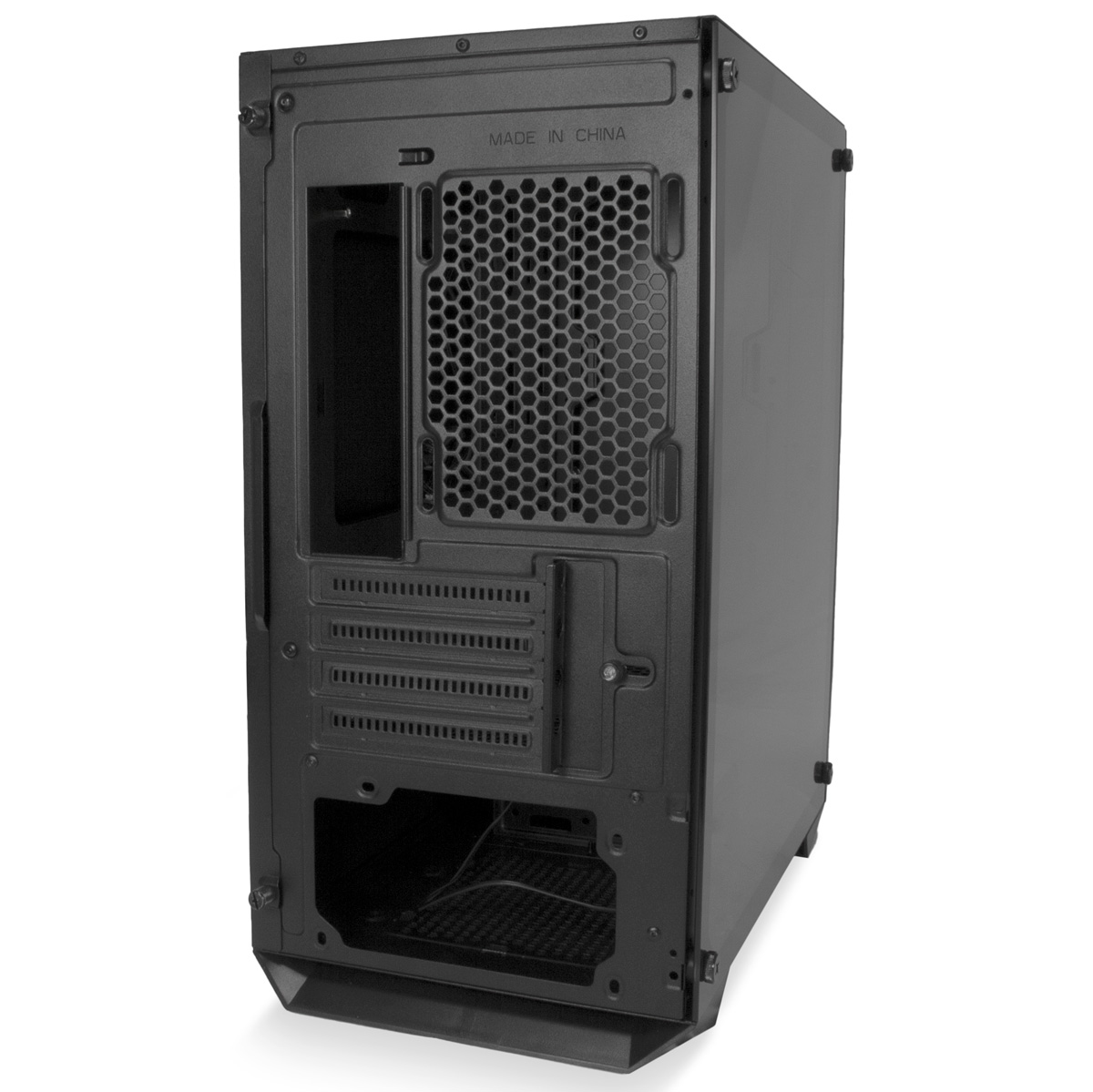 Un case per computer nero, vista posteriore, con varie aperture, una presa d'aria a nido d'ape e la scritta 'MADE IN CHINA'.