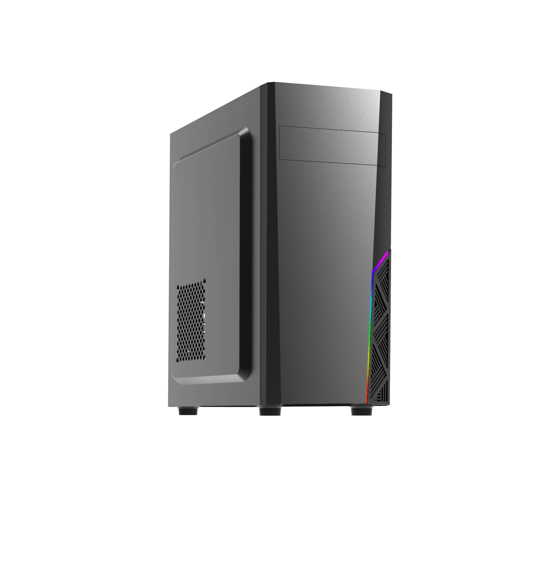 Ein graues Computergehäuse auf weißem Hintergrund. Das Gehäuse hat ein Mesh-Lüftungsgitter und einen bunten Lichtstreifen.