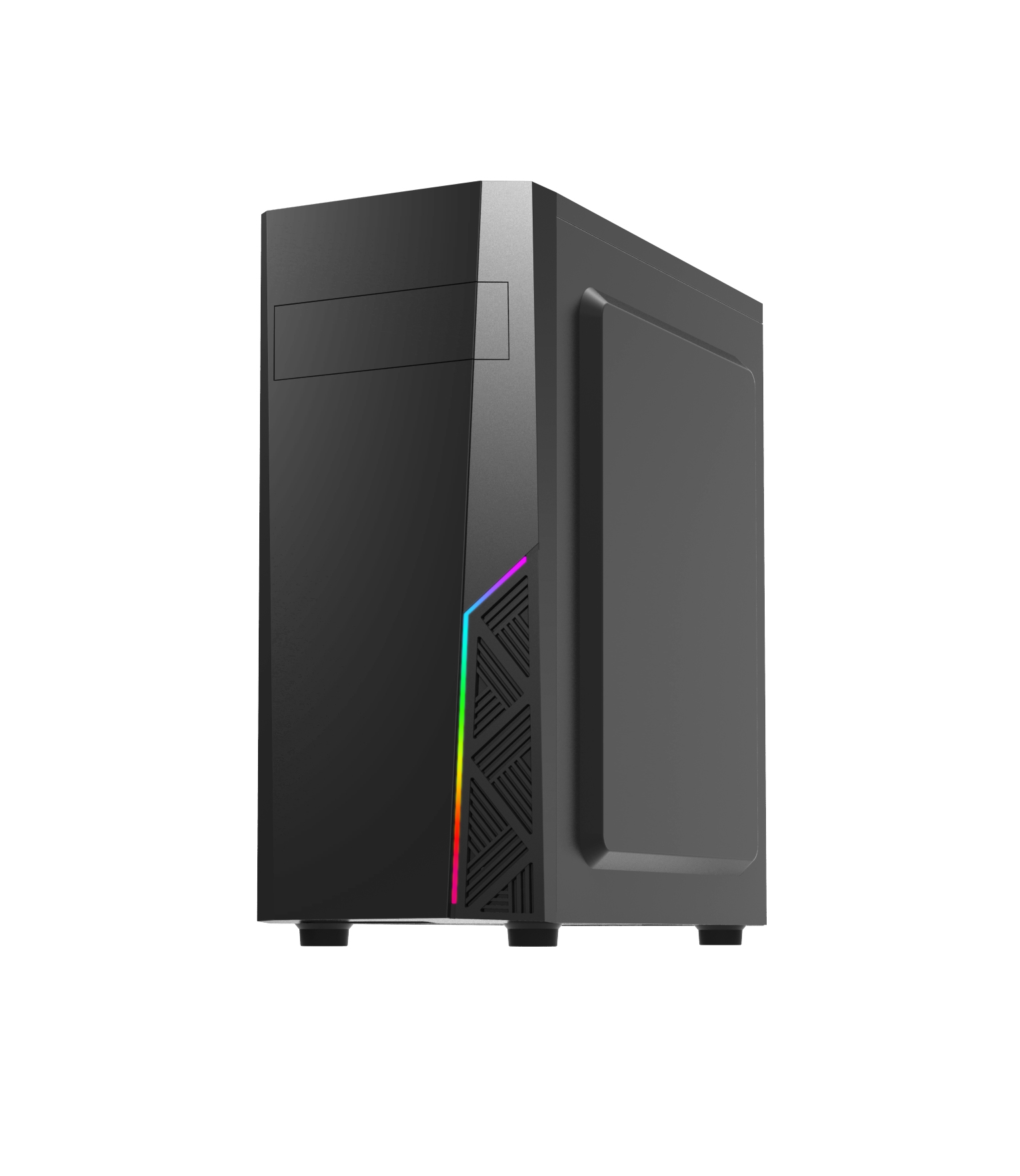 Ein schwarzes Computergehäuse mit einem farbenfrohen LED-Streifen auf der Vorderseite. Es hat ein schlankes Design und ist auf weißem Hintergrund isoliert.