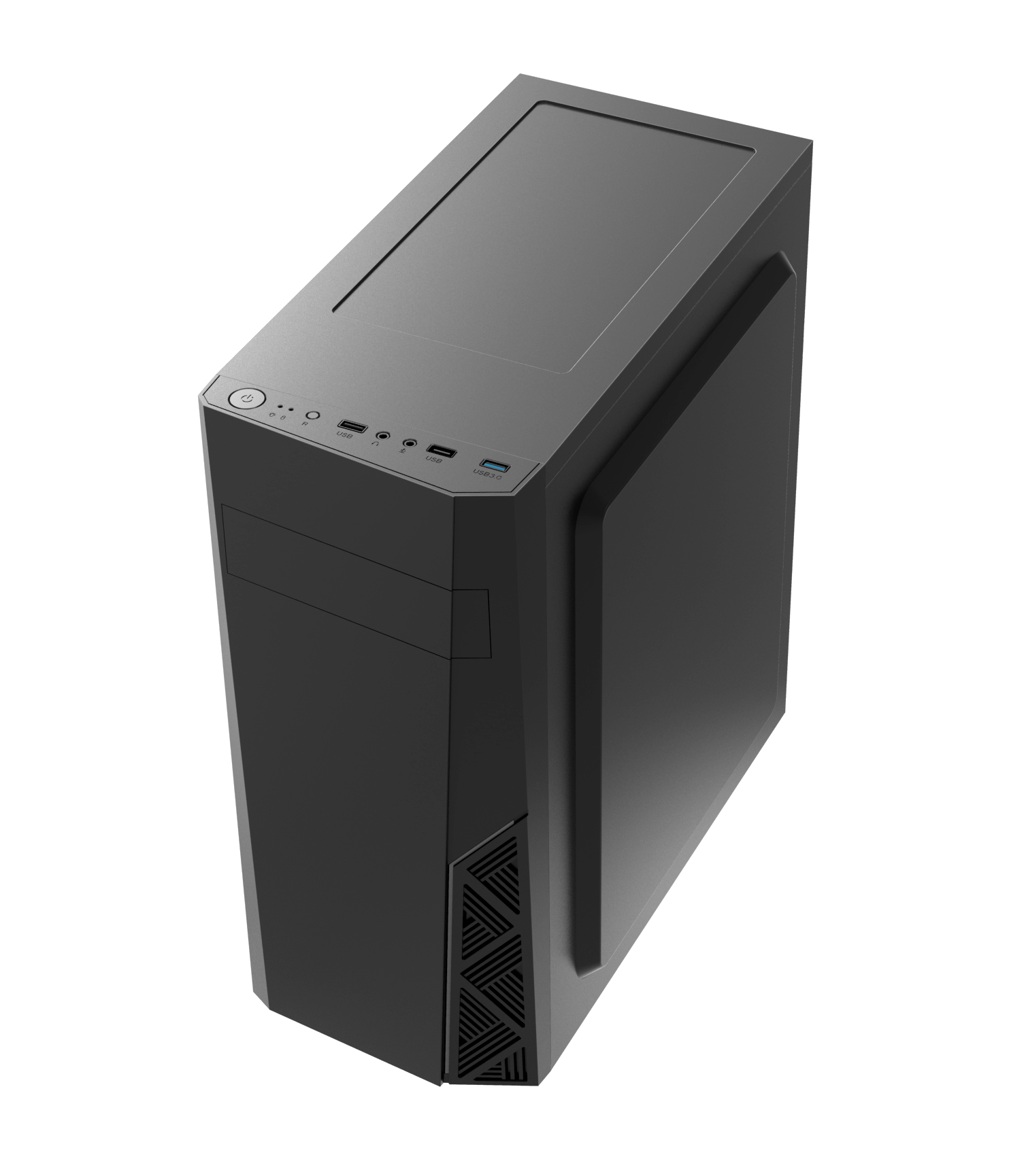 Ein schwarzer Computerturm, aus einem Winkel betrachtet. Er hat einen Power-Knopf und USB-Anschlüsse auf der Frontplatte. Der Hintergrund ist weiß.
