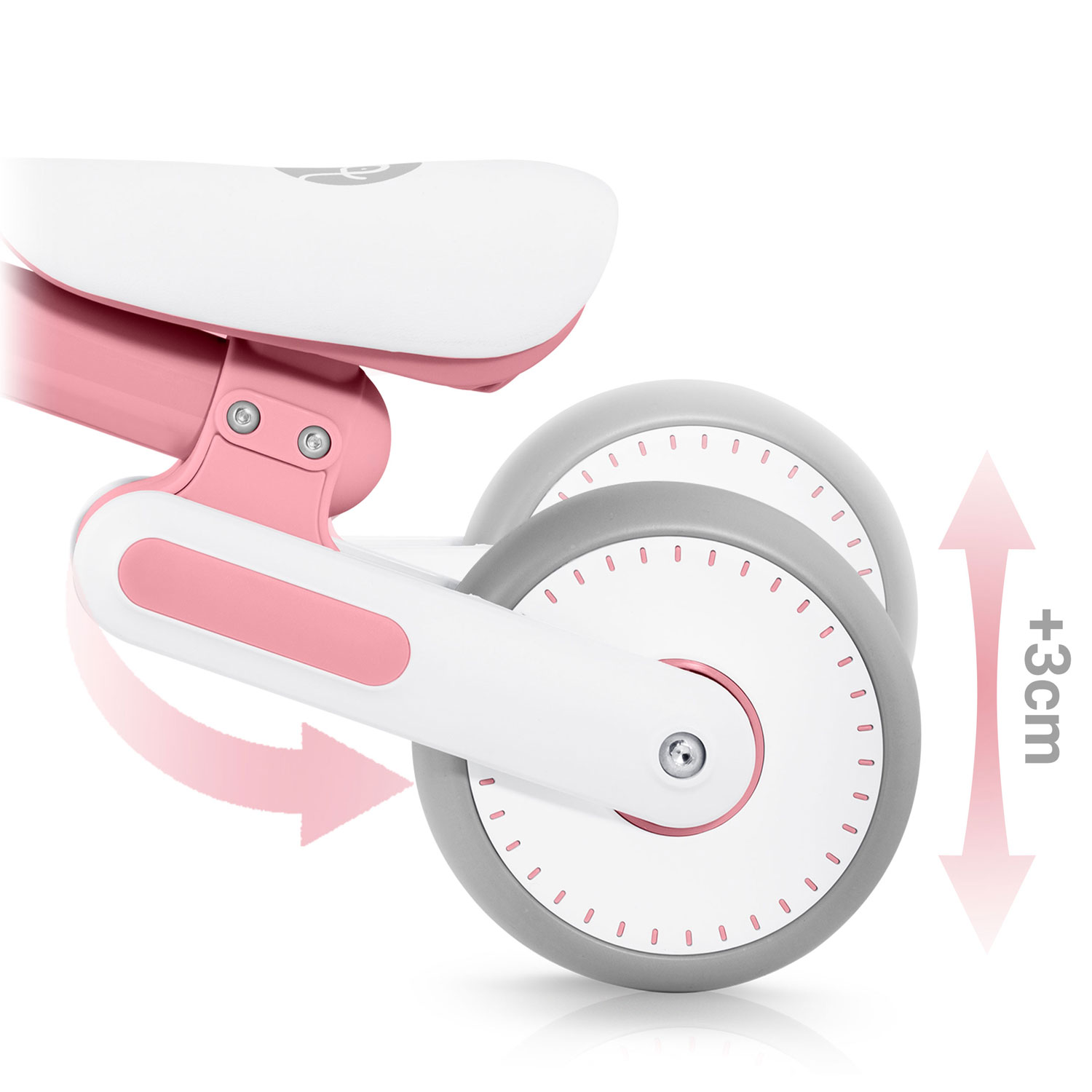 Różowo-biała hulajnoga dla dzieci. Szare koła z różowymi akcentami. Strzałki wskazują ruch i regulację wysokości.