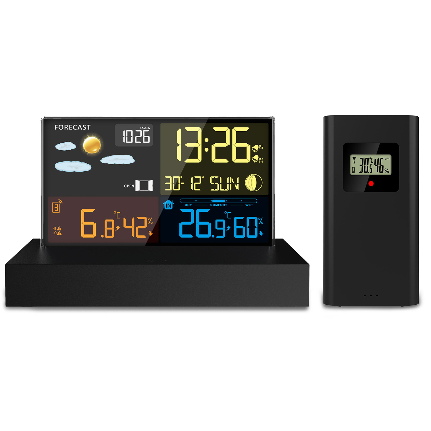 Stacja pogodowa wyświetla godzinę, temperaturę i wilgotność. Posiada cyfrowy ekran z czarną obudową. Jest osobny czujnik.
