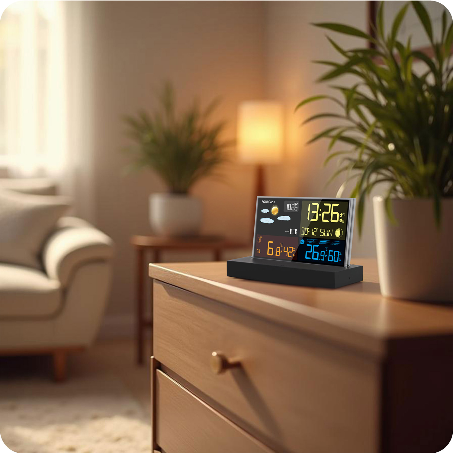 Stacja pogodowa stoi na drewnianym stole. Wyświetla godzinę, temperaturę i prognozy pogody. Rośliny i sofa w tle.