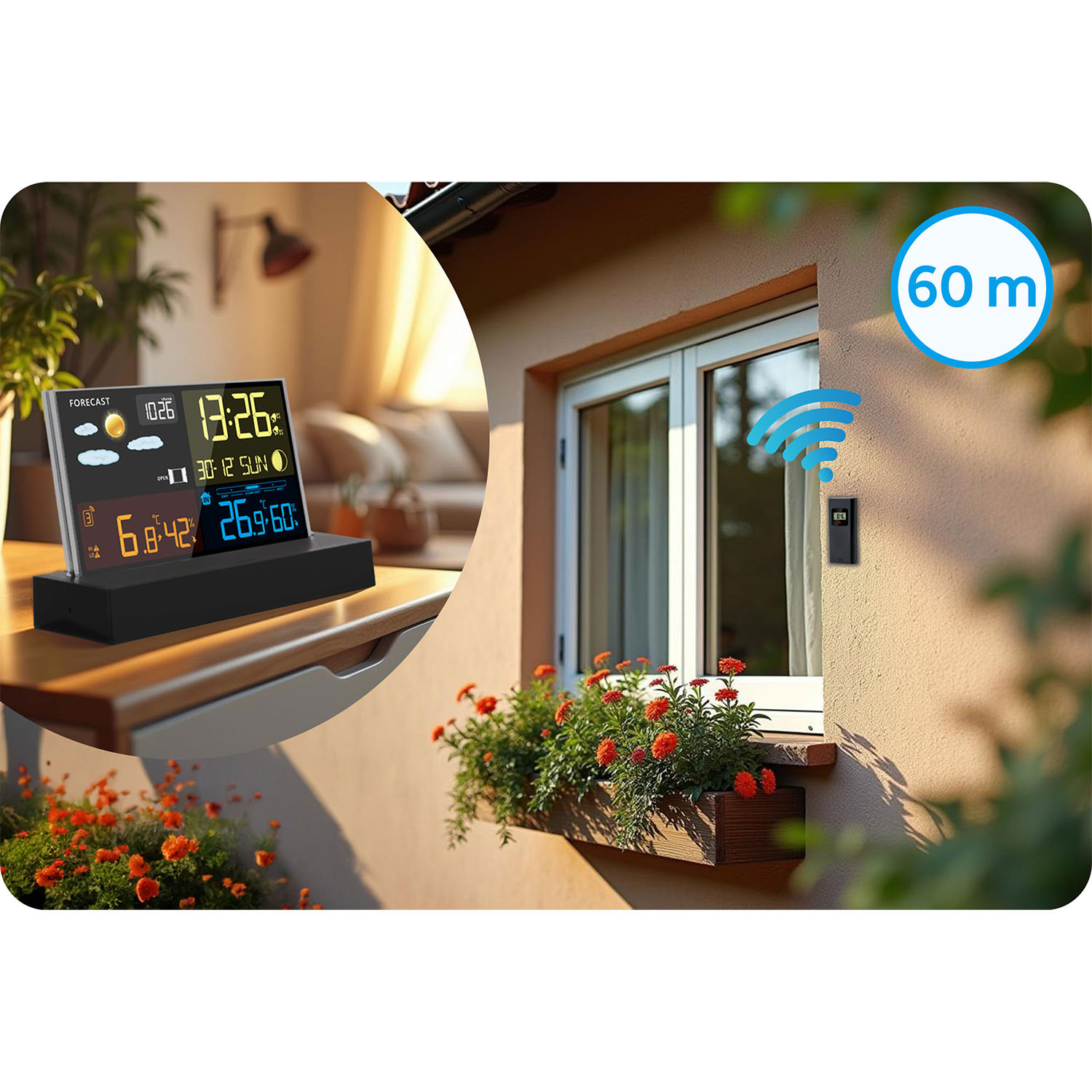 Stacja pogodowa wyświetla czas, temperaturę i prognozę. Okno pokazuje odbiornik. Kwiaty w donicy.