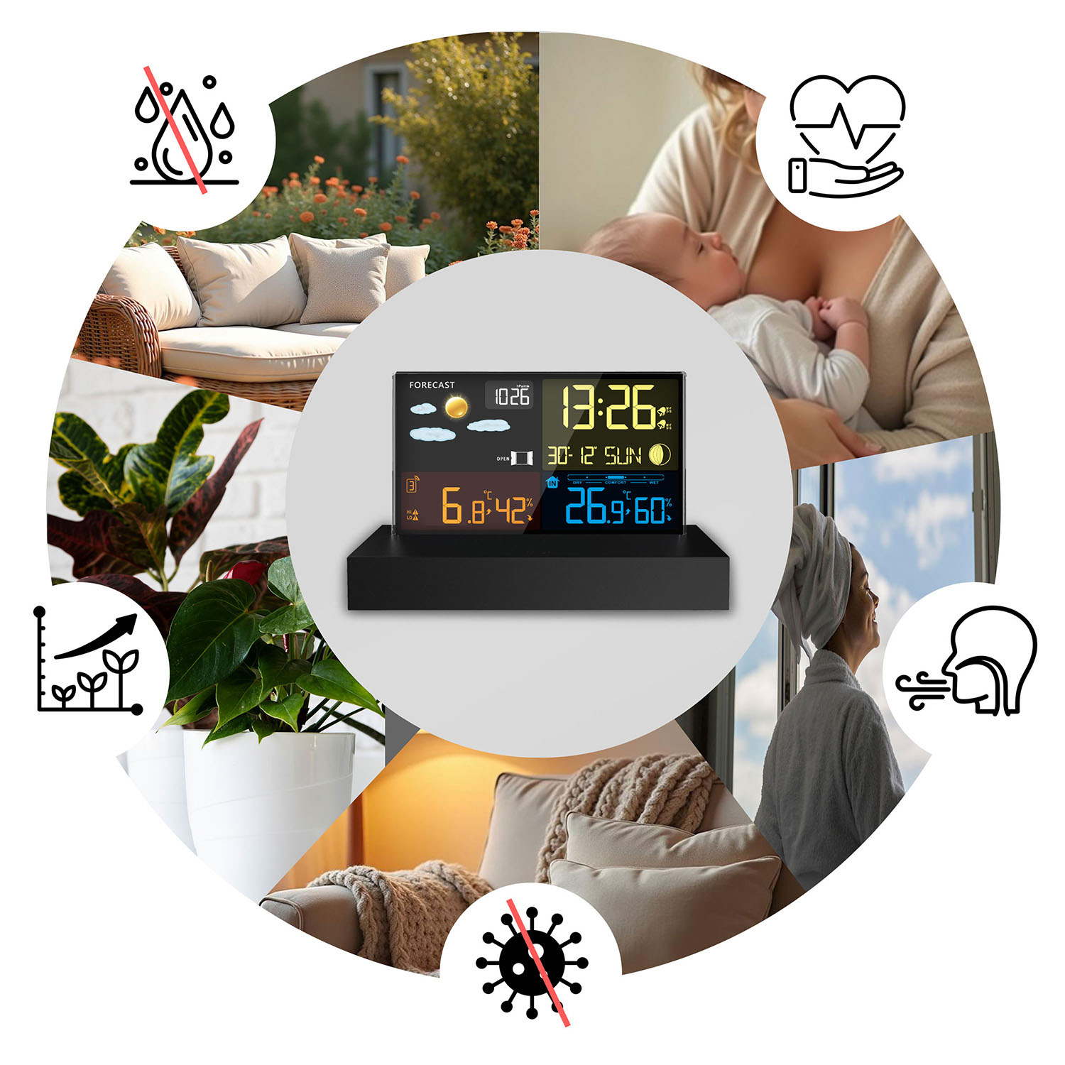 Kolisty kolaż z stacją pogodową, trzymanym dzieckiem, kobietą wyglądającą przez okno, roślinami i innymi powiązanymi ikonami.