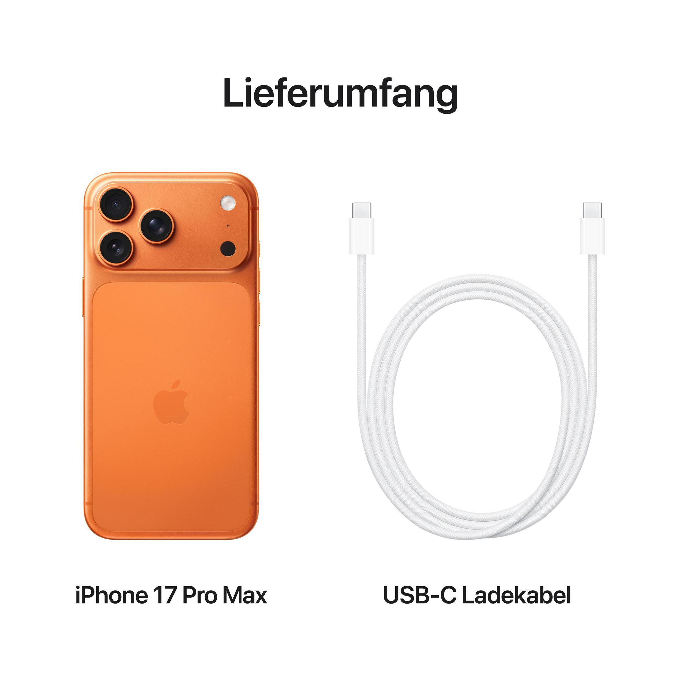 Pomarańczowy iPhone 17 Pro Max i biały kabel ładujący USB-C na białym tle. Tekst: Lieferumfang.