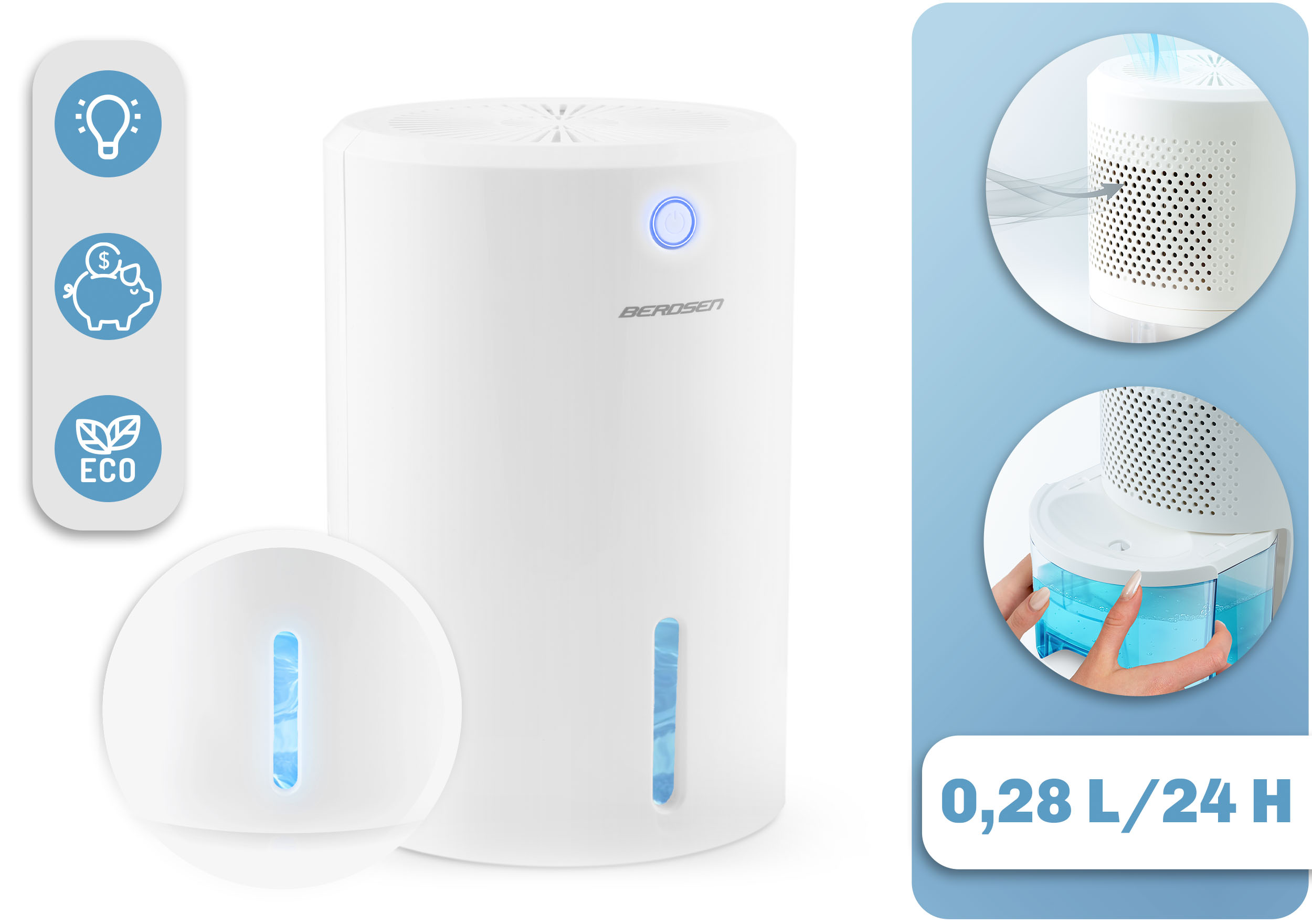 Biały osuszacz powietrza z niebieskimi akcentami. Szczegóły pokazują zbiornik na wodę i przepływ powietrza. Widoczne są również ikony i tekst informacyjny.