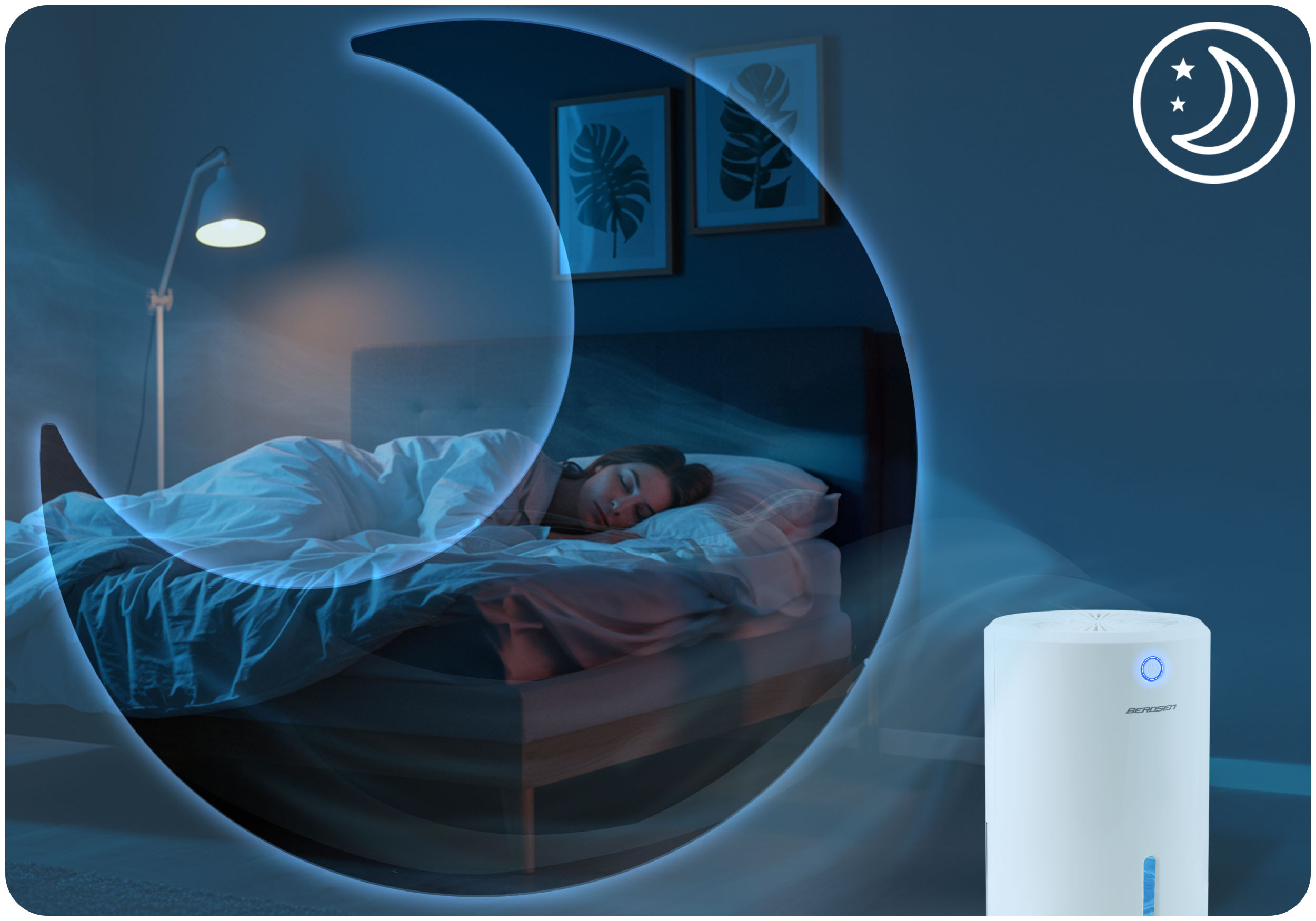 Kobieta śpi w łóżku. Nawilżacz powietrza świeci w pobliżu. Scena nocna z ikoną księżyca i gwiazd.