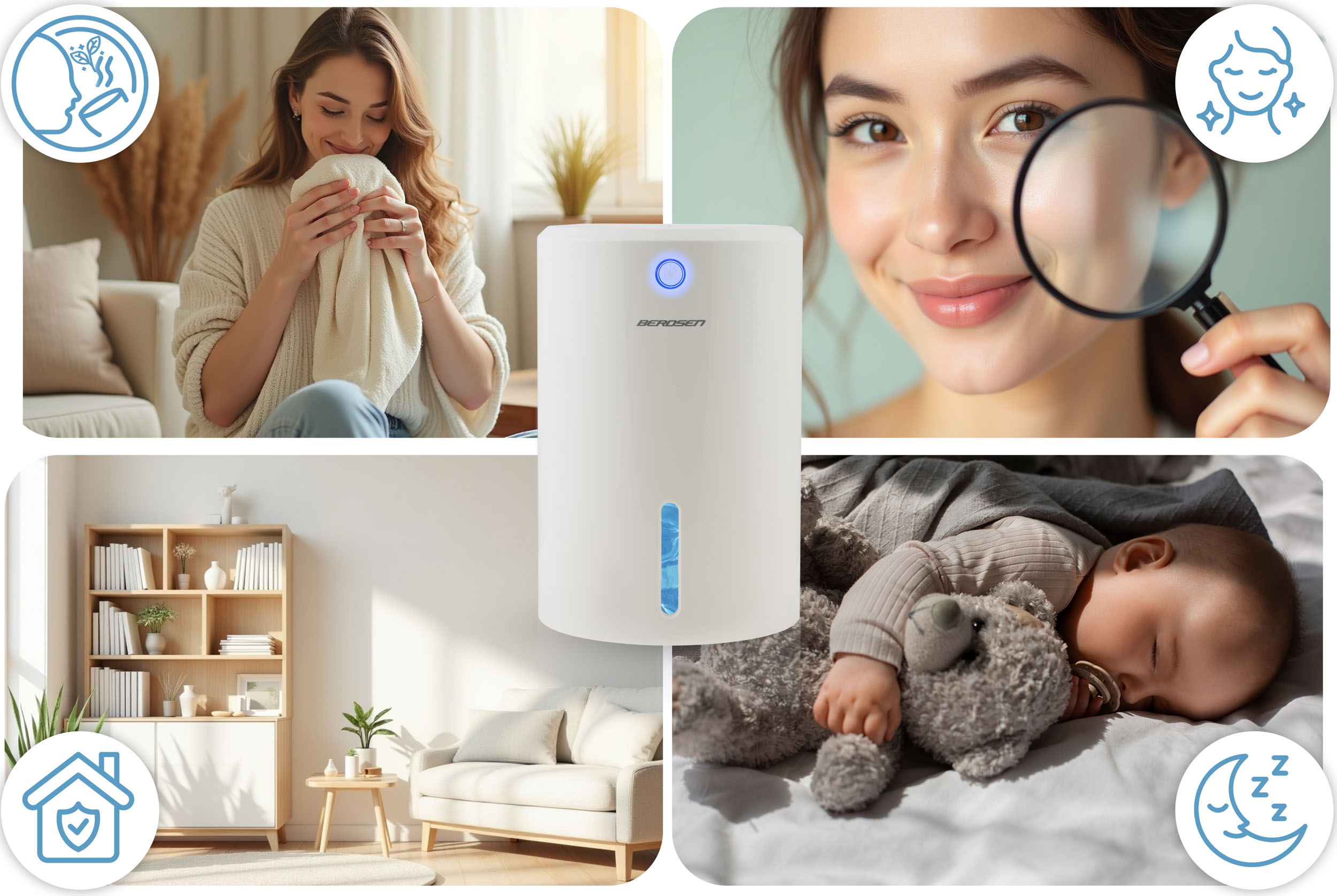 Kobieta wąchająca szmatkę, nawilżacz powietrza, kobieta z lupą i śpiące dziecko z misiem.