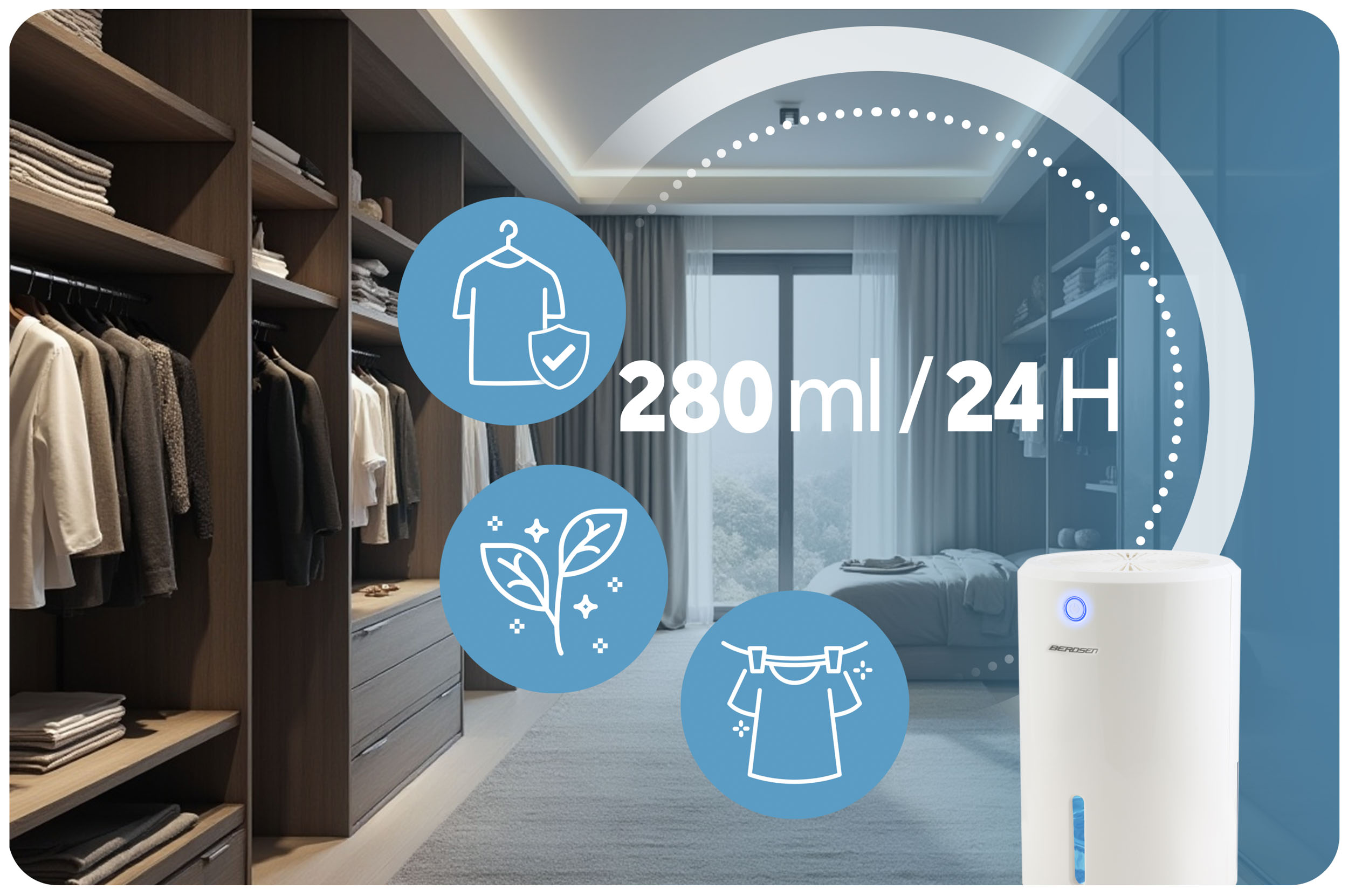 Sypialnia z szafą i osuszaczem powietrza. Niebieskie ikony pokazują pielęgnację odzieży. Tekst wskazuje 280ml/24H.