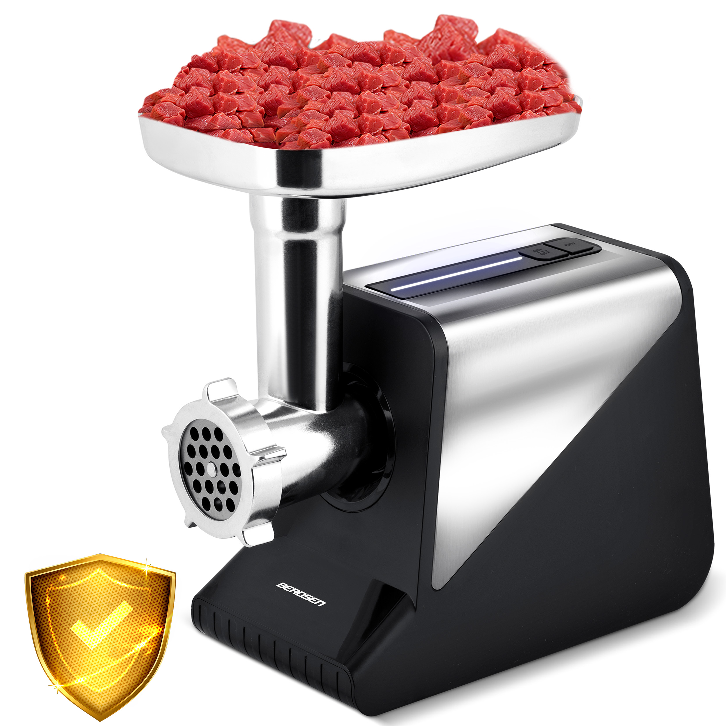 Srebrno-czarna maszynka do mięsa z czerwonymi kostkami mięsa w górnej tacy. Złota tarcza w rogu.