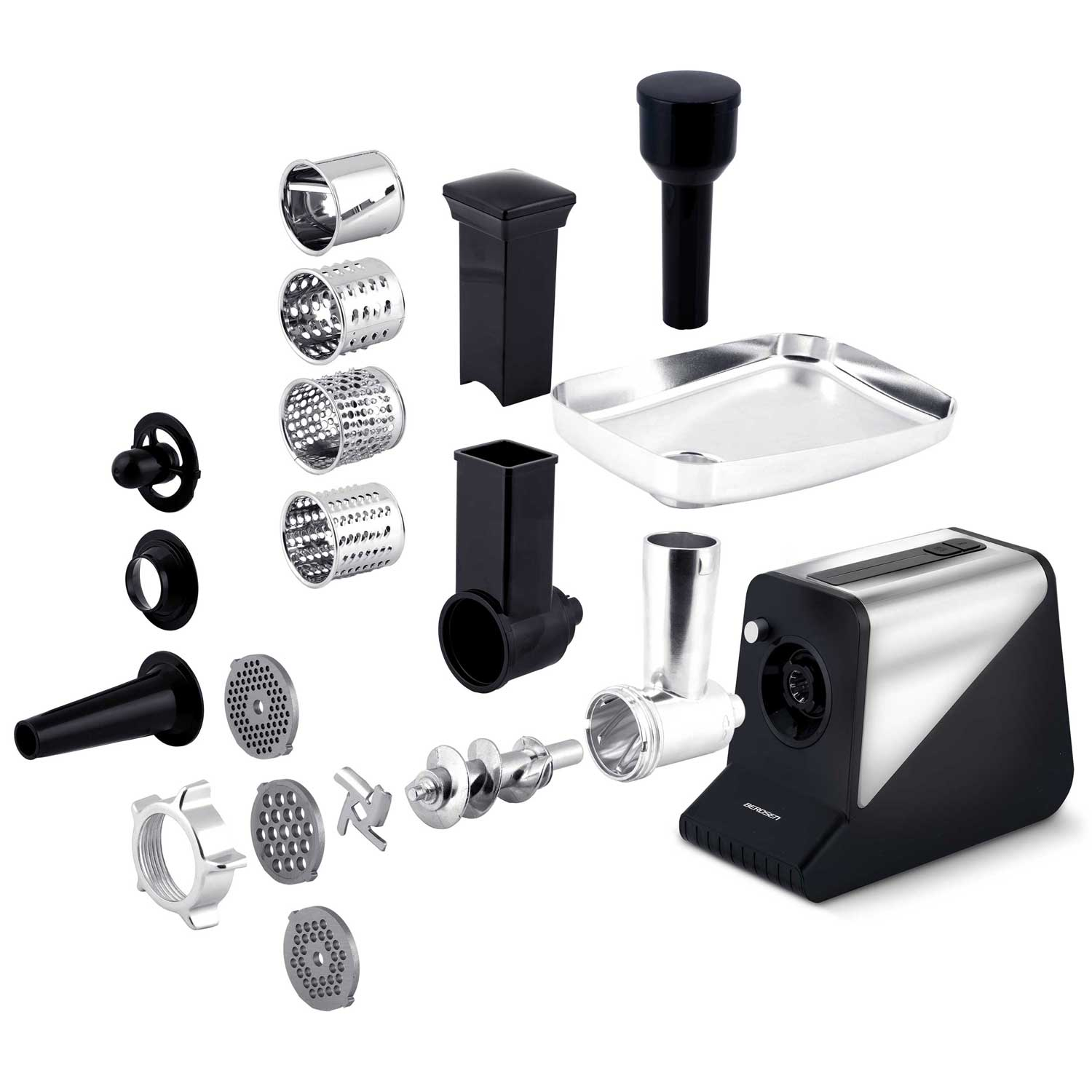 Widok rozłożony maszynki do mięsa z różnymi akcesoriami, w tym płytami tnącymi, rurami i tacką. Maszynka jest czarno-srebrna.