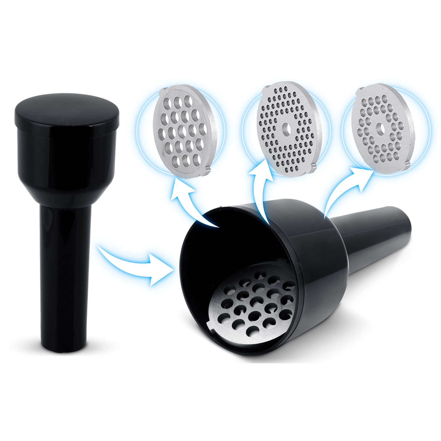 Czarne części maszynki do mięsa na białym tle. Zawiera maszynkę, trzy metalowe tarcze i nasadkę. Strzałki wskazują montaż.