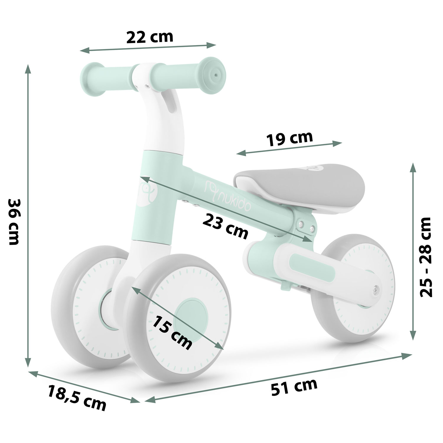 Miętowy i biały rowerek biegowy z wymiarami. Ma dwa przednie i jedno tylne koło. Wymiary to 22 cm, 36 cm, 19 cm i 51 cm.