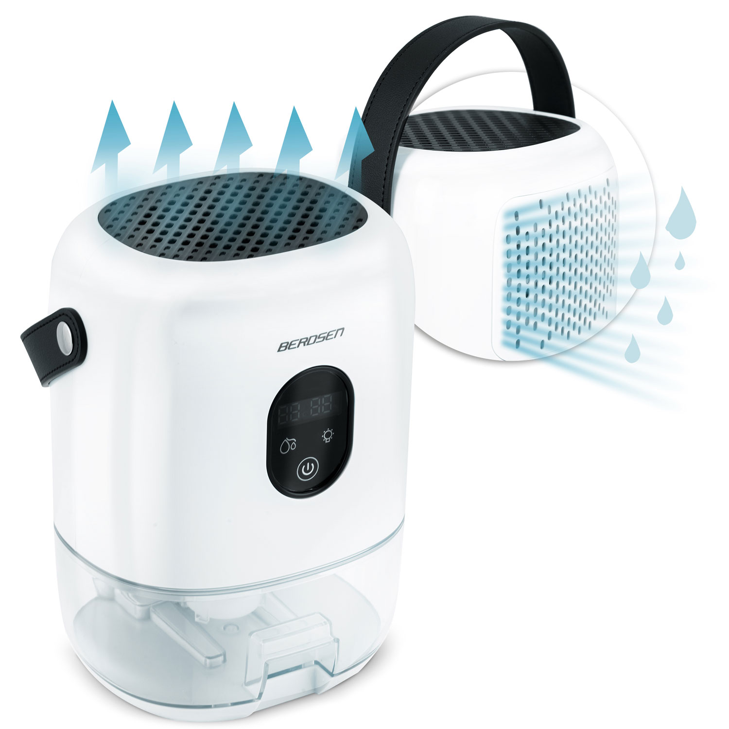 Dwa białe osuszacze powietrza z czarnymi uchwytami. Jeden pokazuje krople wody i strzałki. Oba mają wyświetlacze cyfrowe.