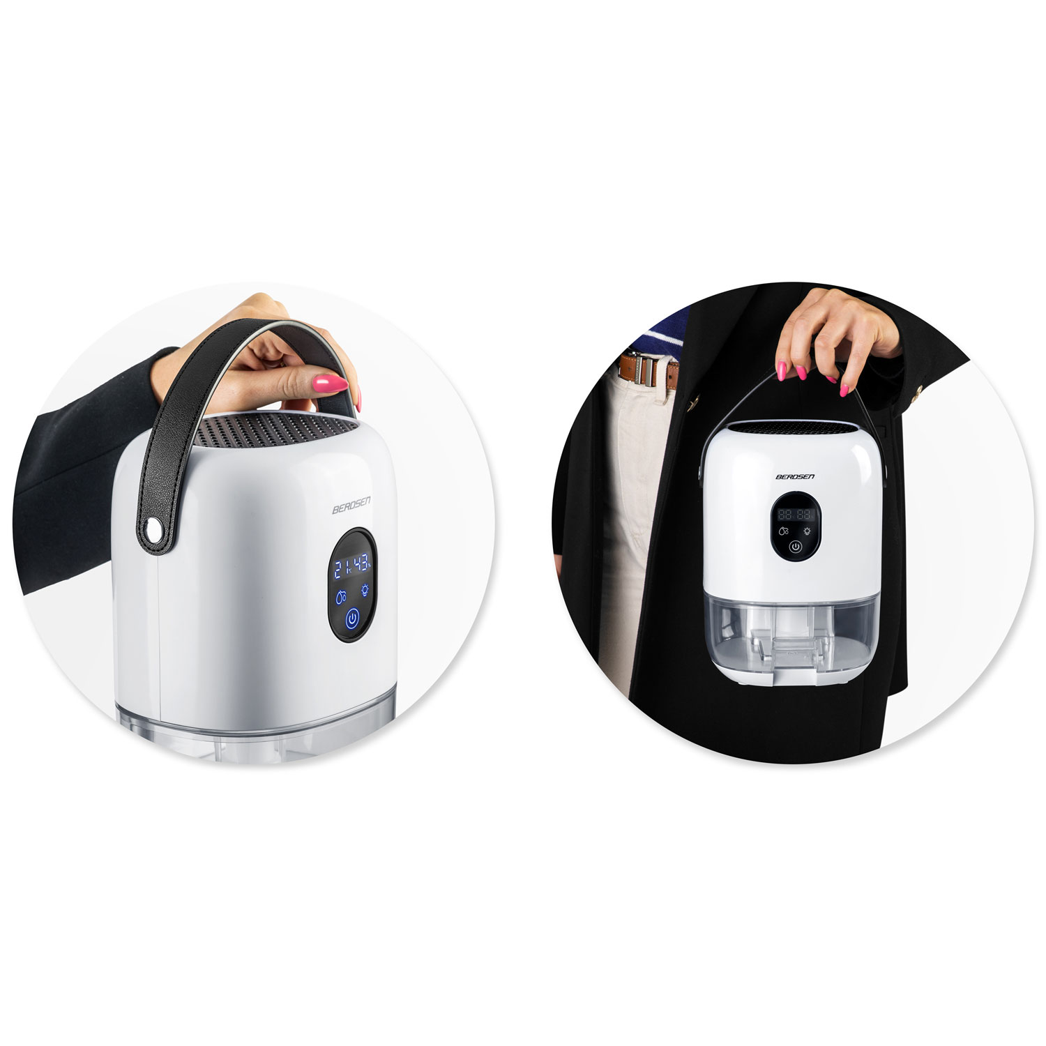 Dwie dłonie trzymają białe oczyszczacze powietrza. Lewy pokazuje ekran z liczbami, prawy pokazuje ekran z liczbami.